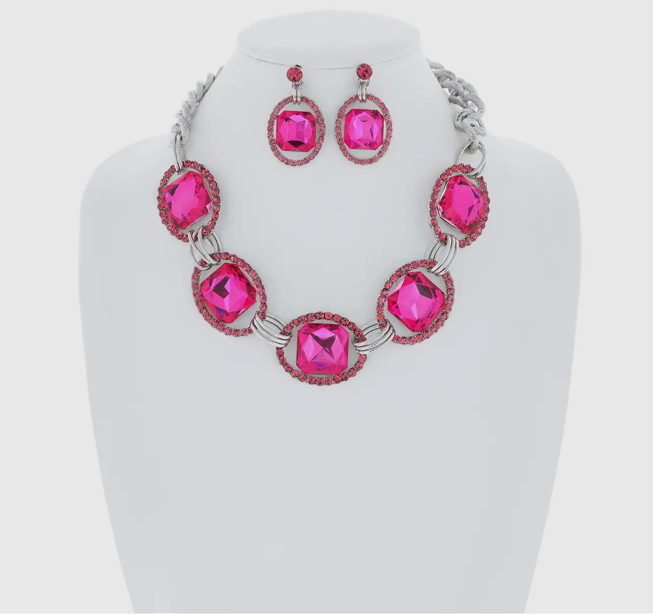 Pink Chunky Square Gem Oval Rhinestone Link Necklace Set