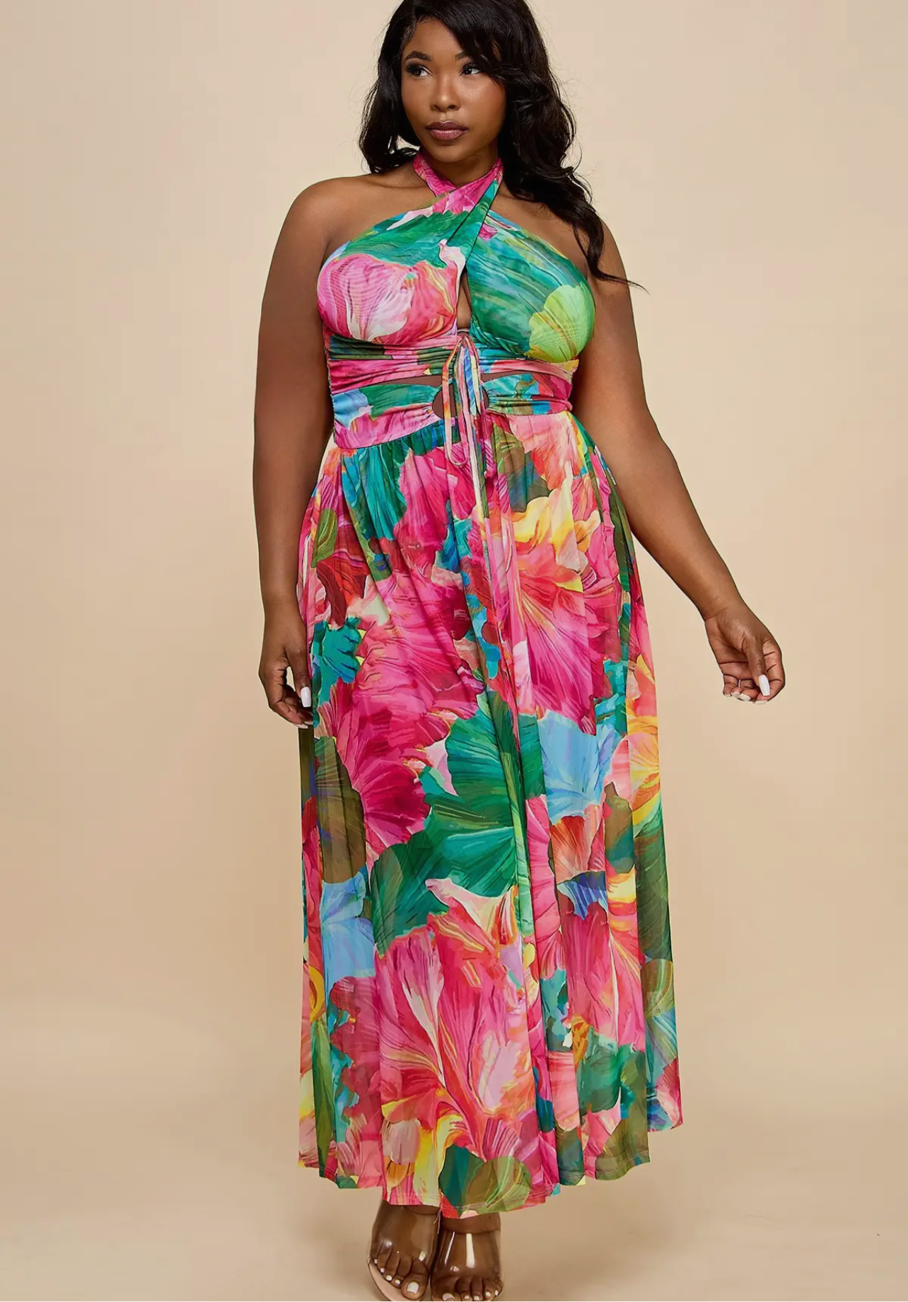 kIWI HALTER NECK SLEEVELESS LACE UP FRONT SLIT DRESS