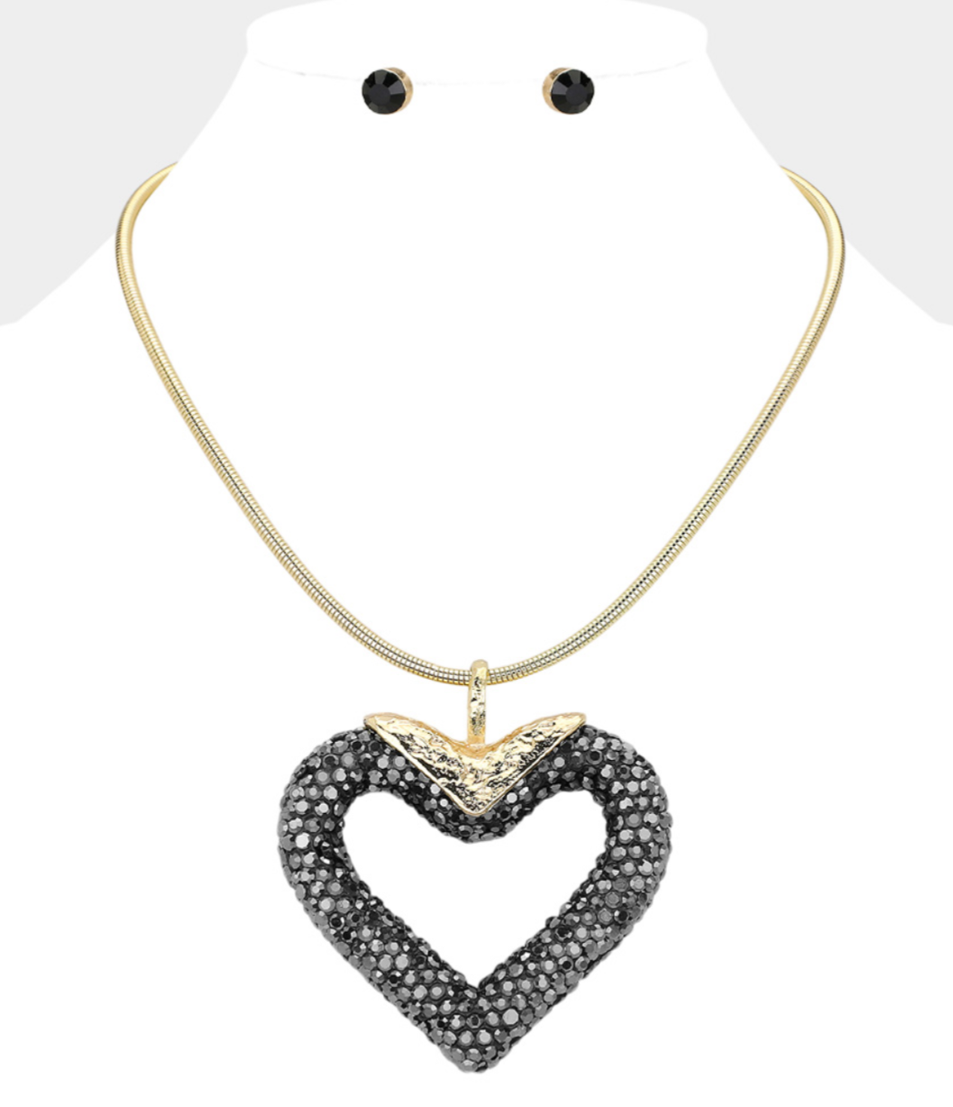 Chunky Bling Studded Heart Pendant Necklace-Red