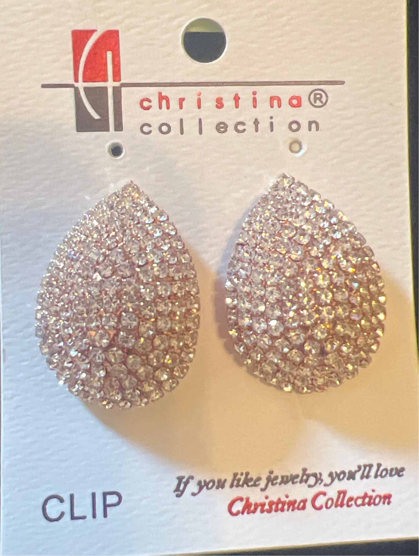 Crystal Rhinestone Teardrop Dome Clip Earrings_Gold or Silver