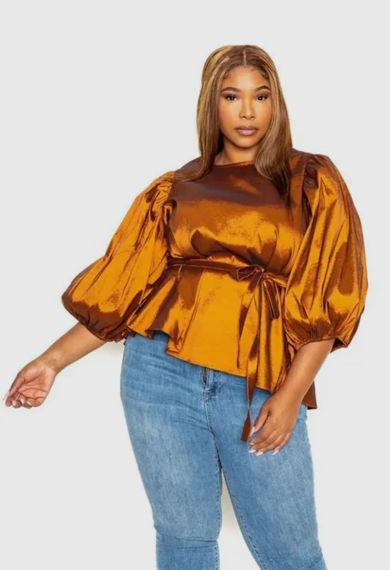 TIE WAIST VOLUMINOUS SLEEVE BLOUSE
