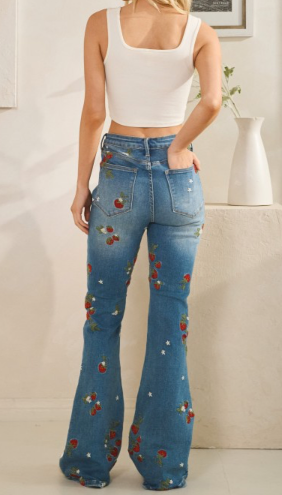 Denim Washed Strawberry Embroidered Jeans