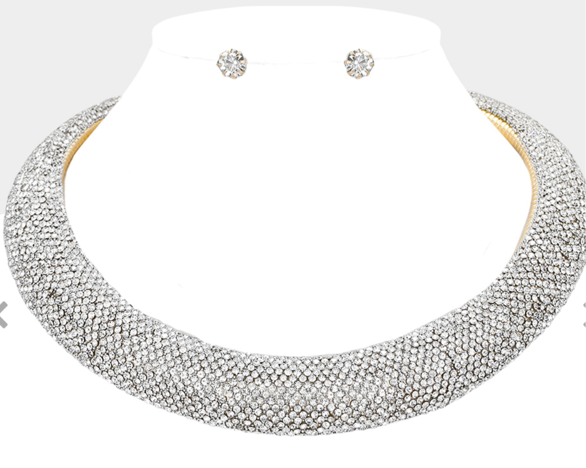 Rhinestone & Pearl Paved Chocker Necklace