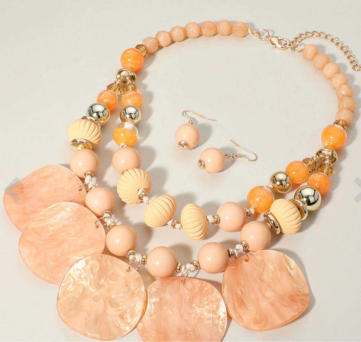 Peach Chunky Wavy Beaded Double Statement Necklace