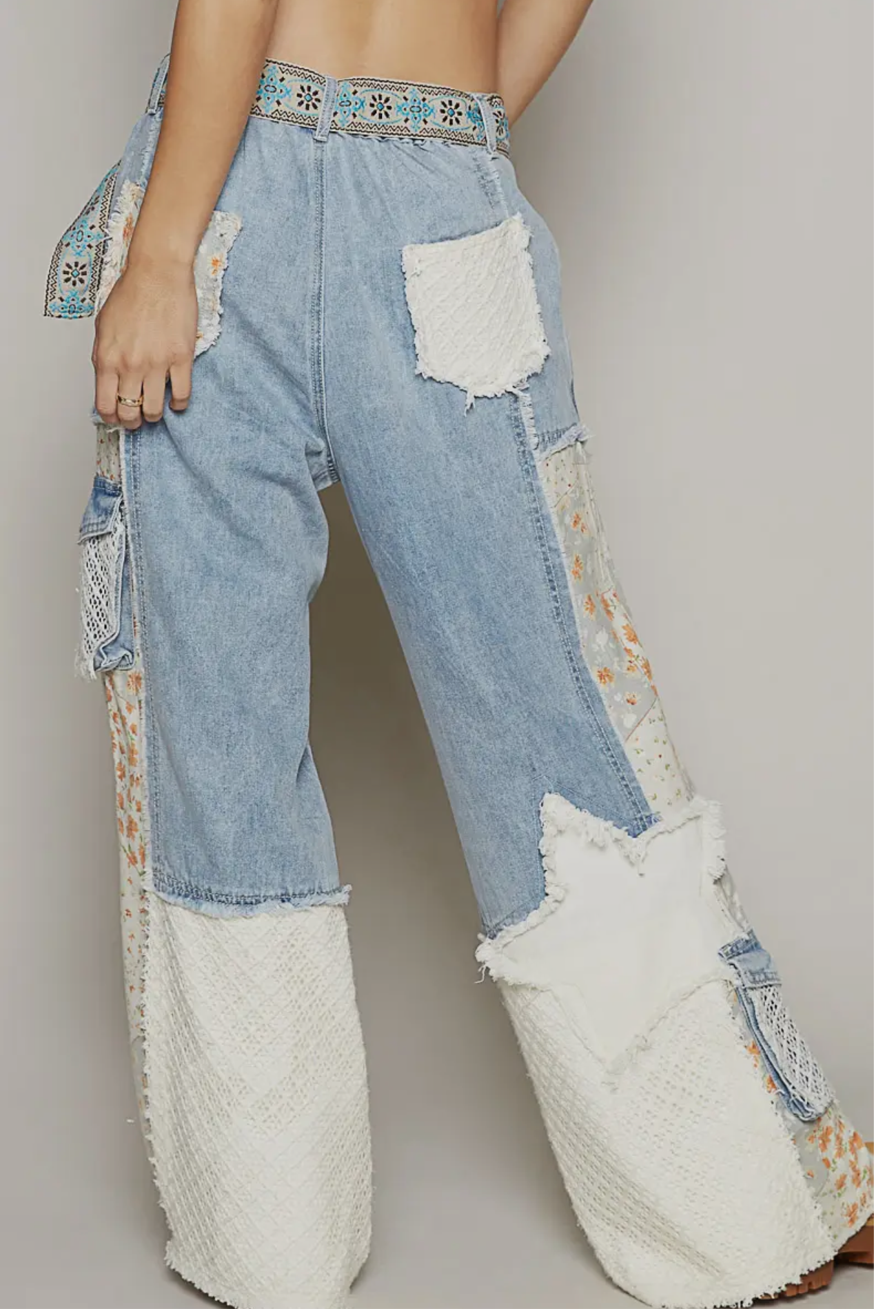 Molly Medium Wash Patchwork Wide Leg Cargo Pants