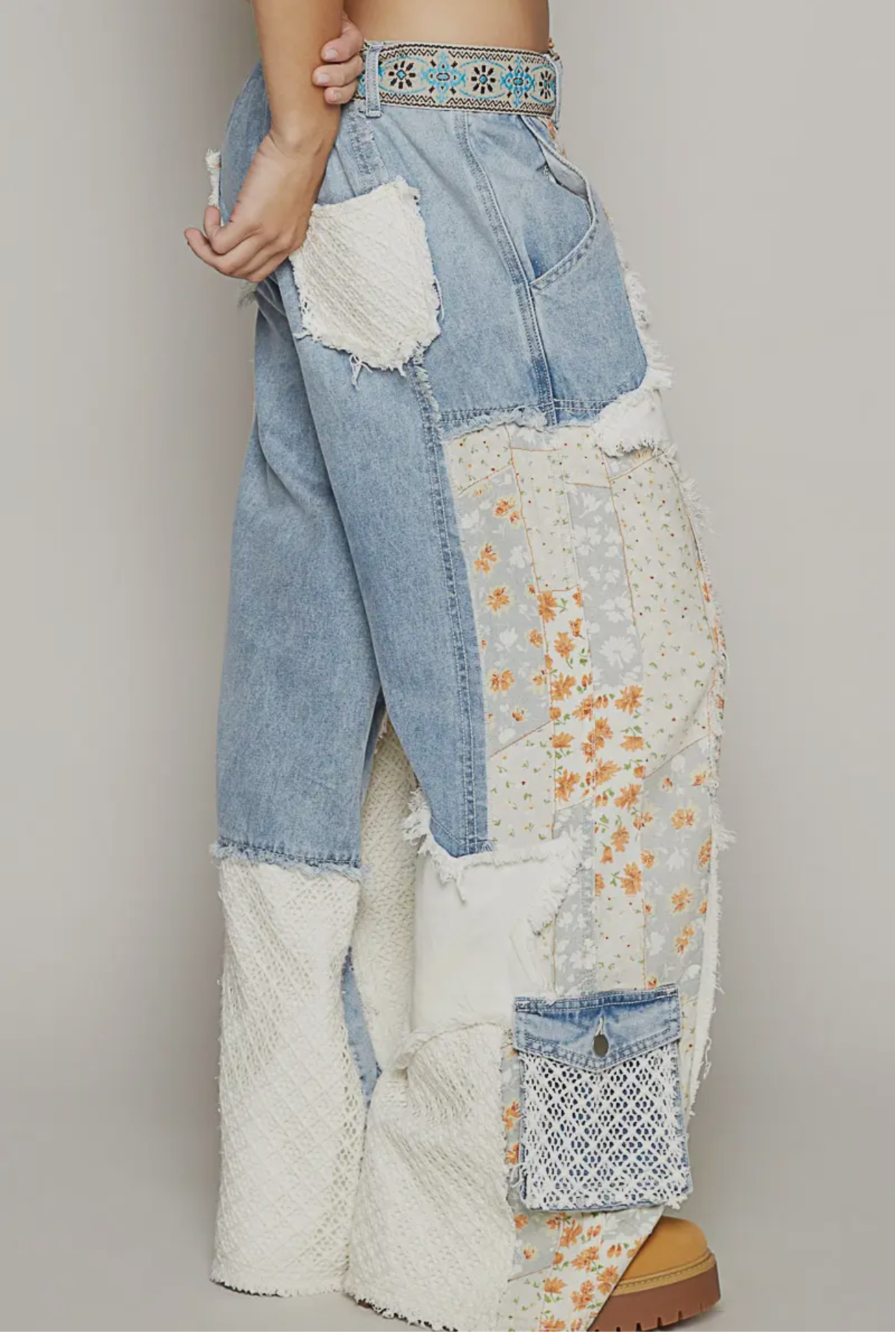 Molly Medium Wash Patchwork Wide Leg Cargo Pants