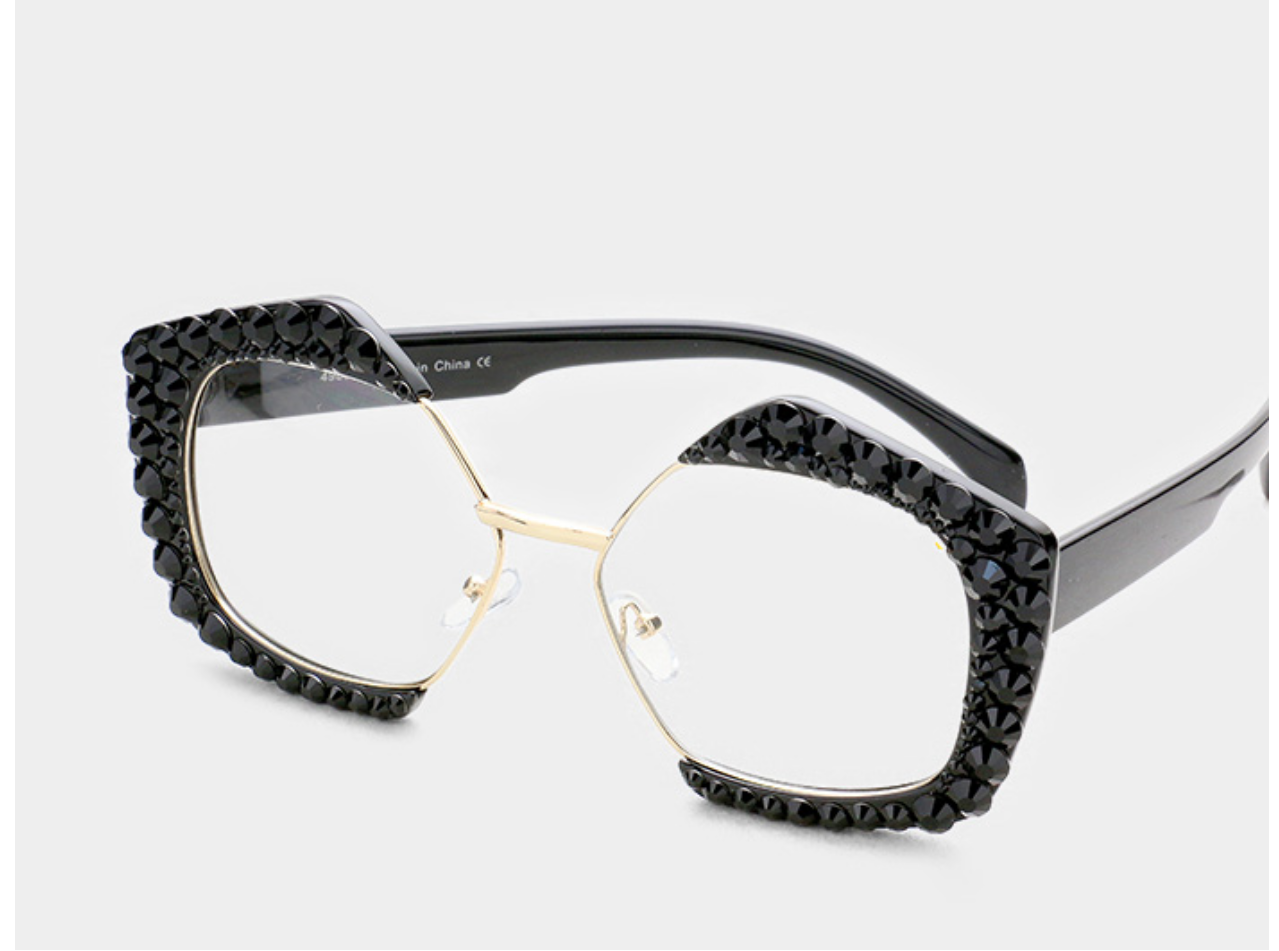 Crystal Embellished Pentagon Clear Lens Frames _Black