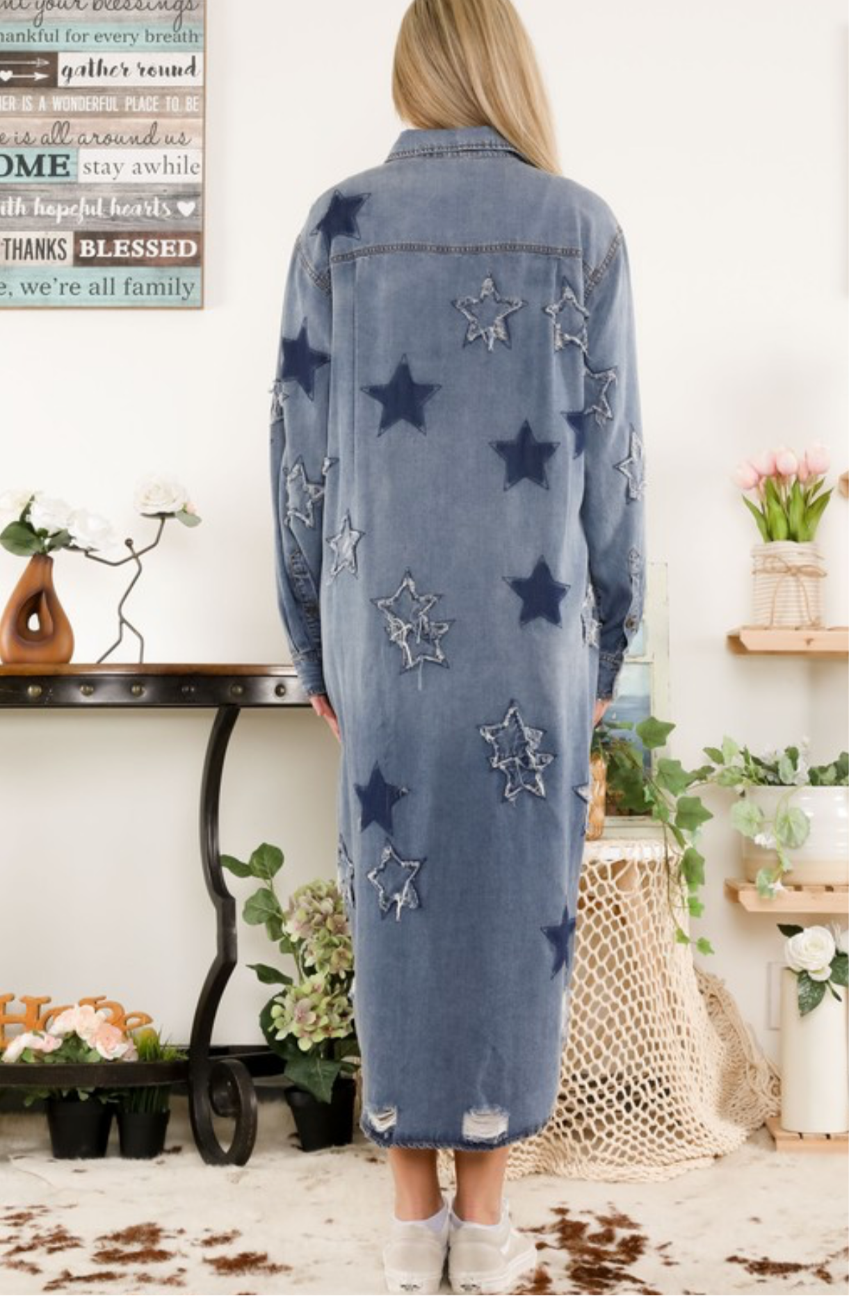 Feel Like a Star Denim/Dark Denim Frayed Star High-Low Dress Runs Big