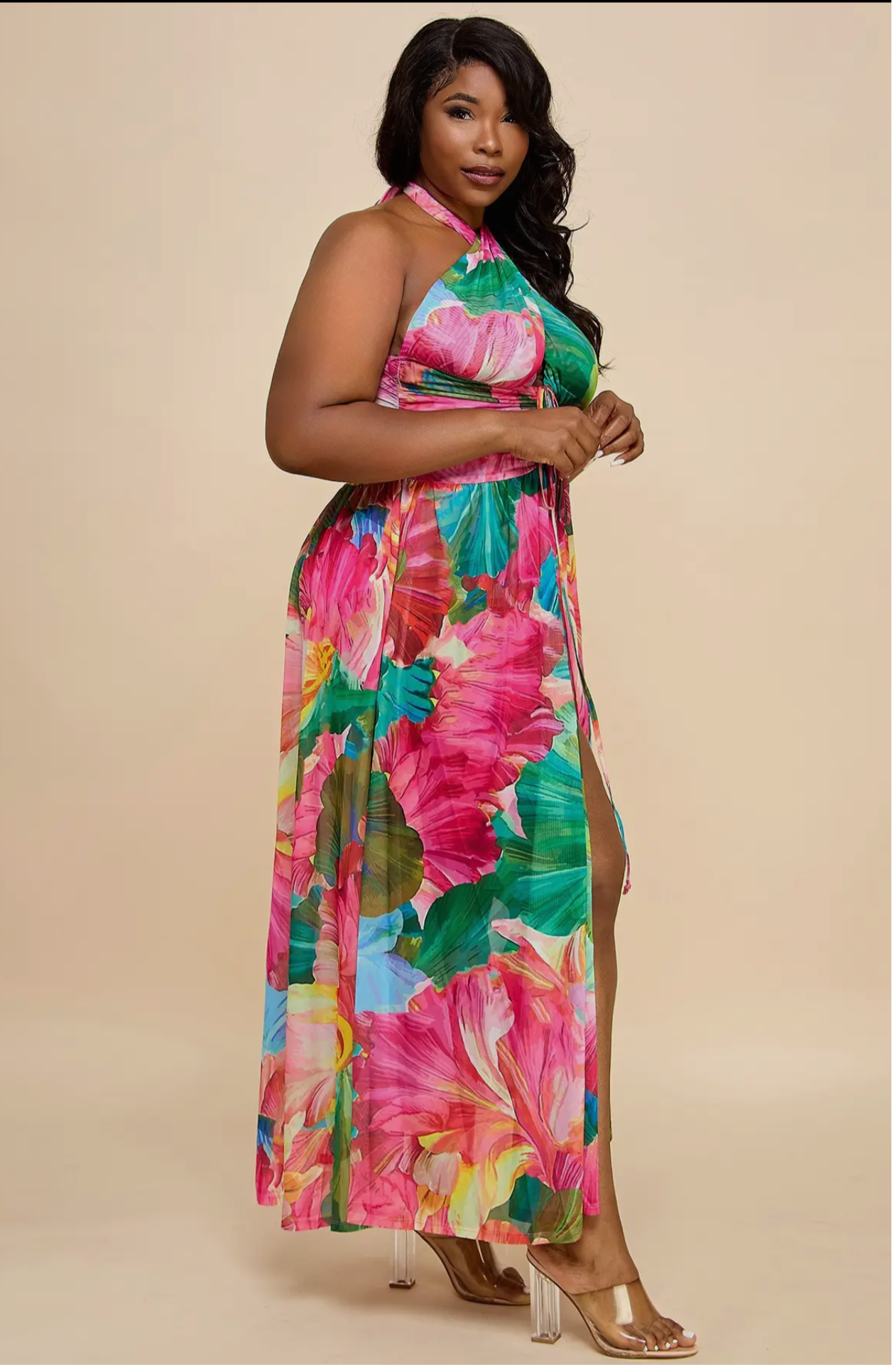 kIWI HALTER NECK SLEEVELESS LACE UP FRONT SLIT DRESS