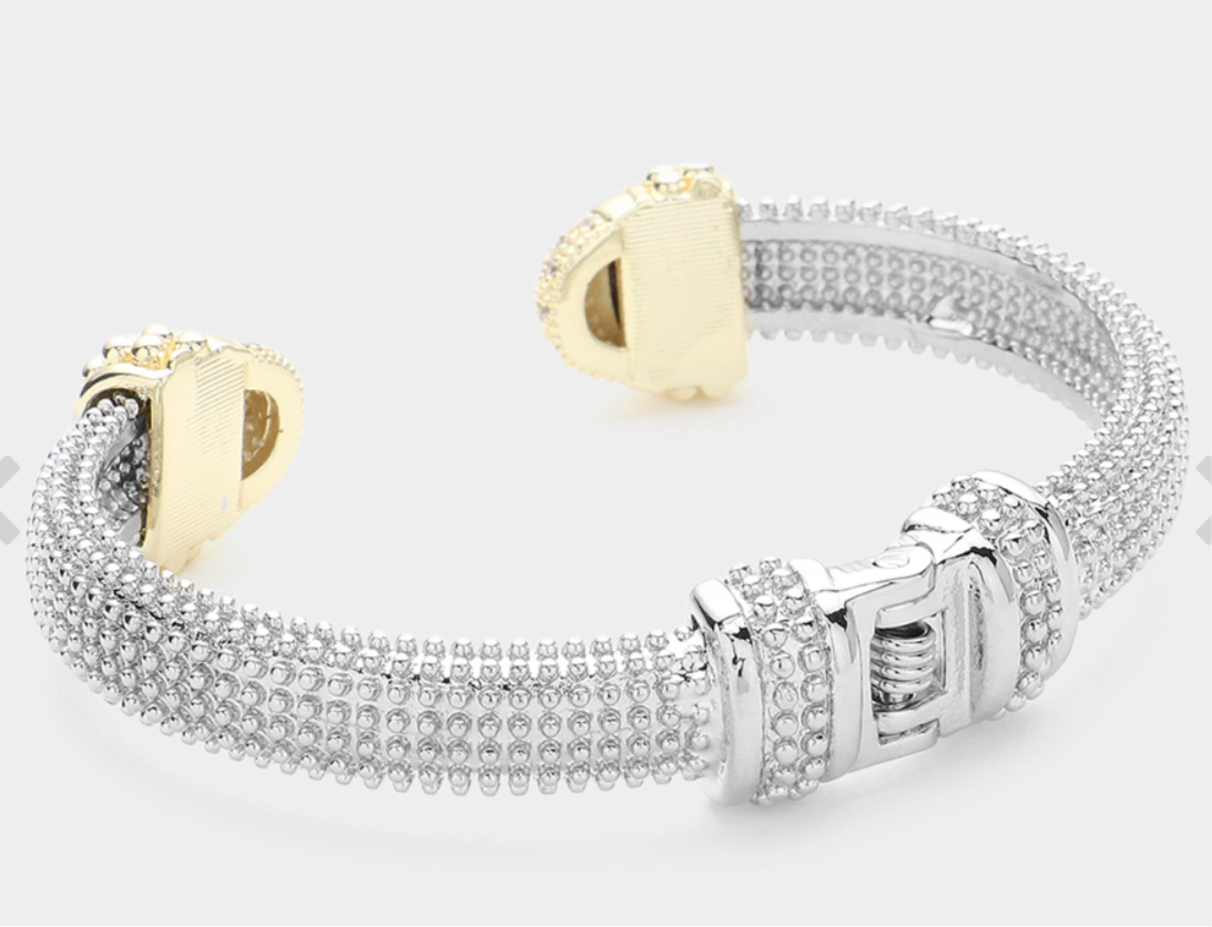 CZ Stone Paved Round Tip Two Tone Metal Hinged Cuff Bracelet