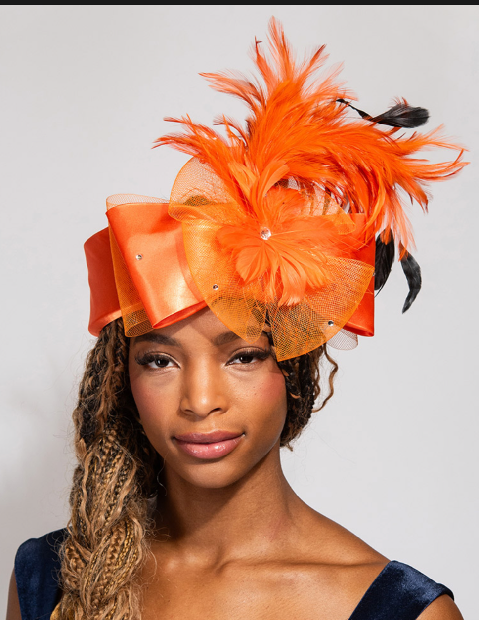 Orange Flower Bow Mesh Feather Pointed Fascinator / Hat