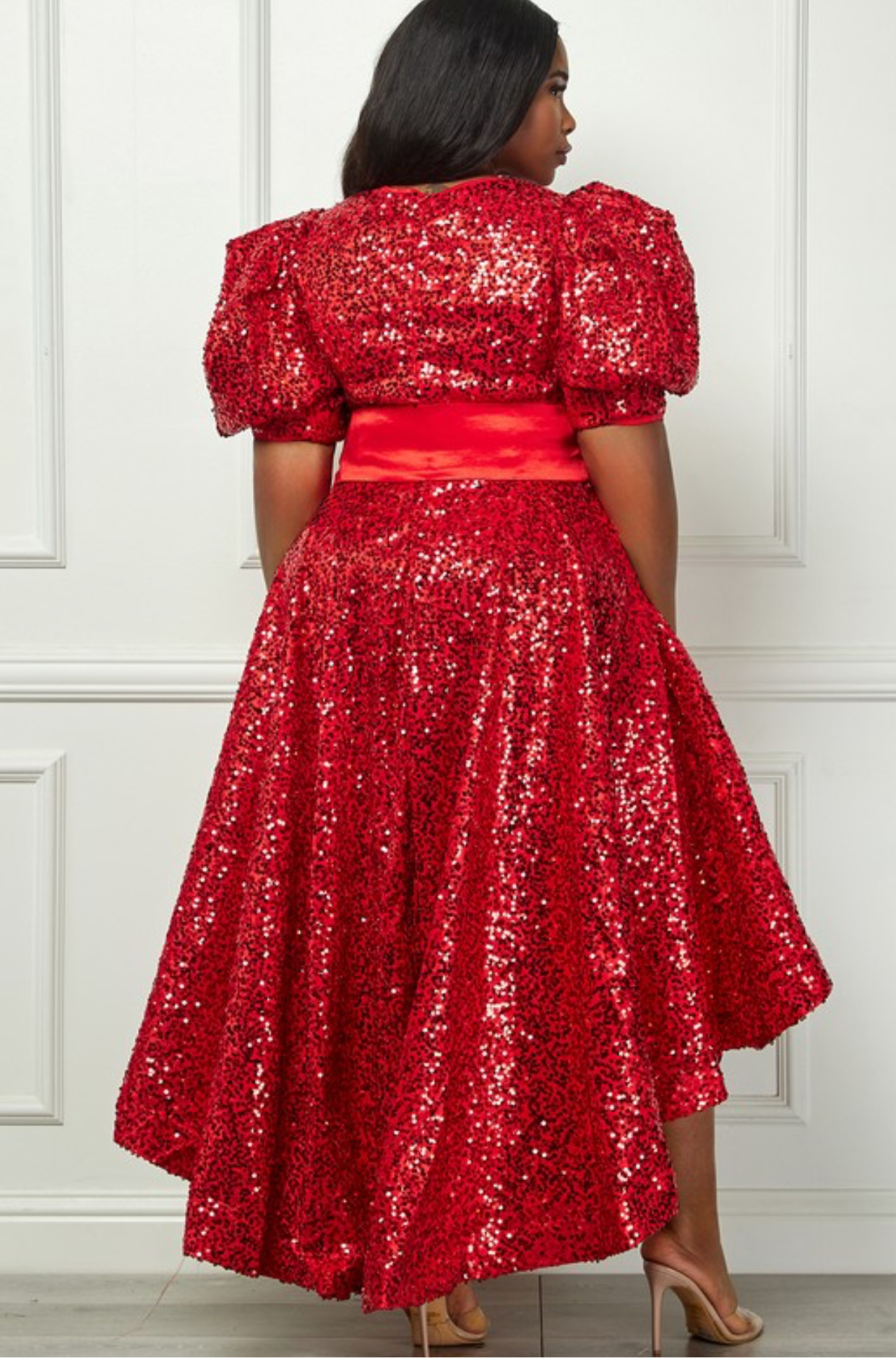Sequin Puff Half Sleeve Waist Tie Flare HilowDress