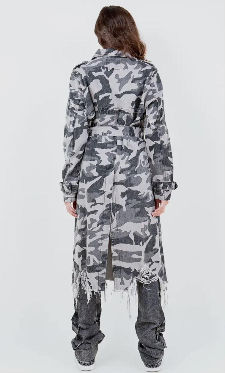 Wear It Longline Distressed Camouflage Jacket - Grey