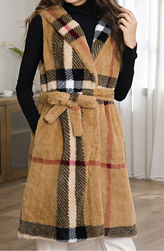 Plaid Sleeveless Faux Fur Belted Vest