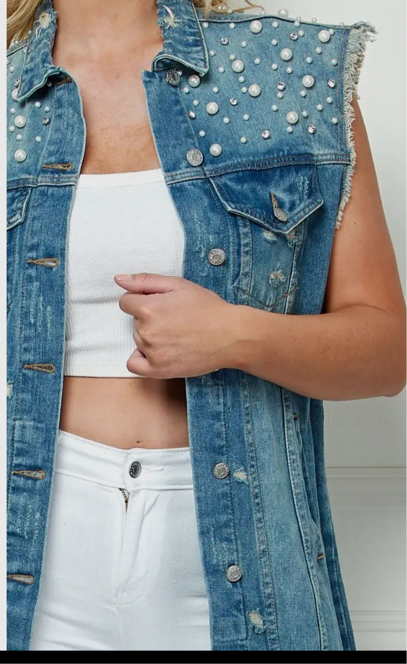 Good Girl Sleeveless Distressed Maxi Jacket w/Stone and Pearls