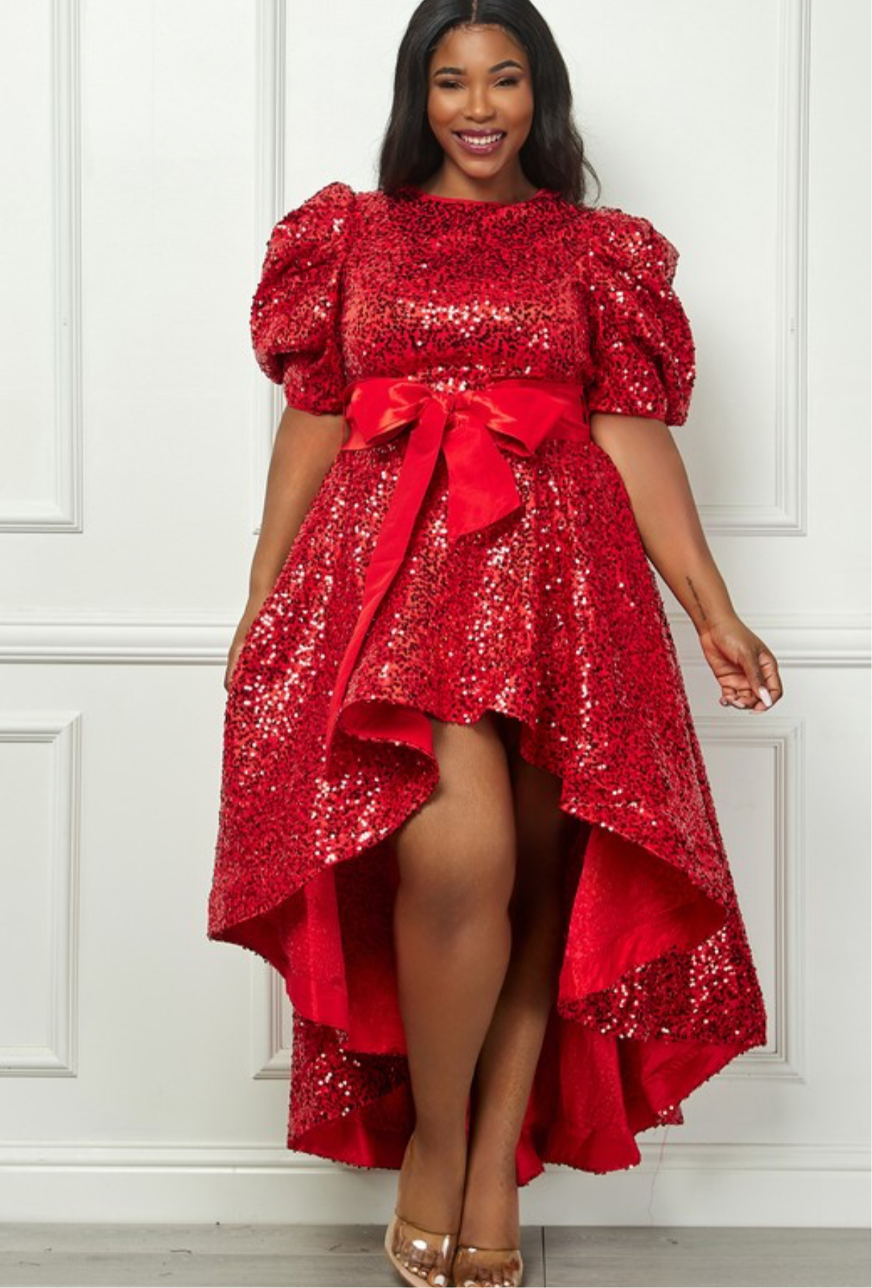 Sequin Puff Half Sleeve Waist Tie Flare HilowDress