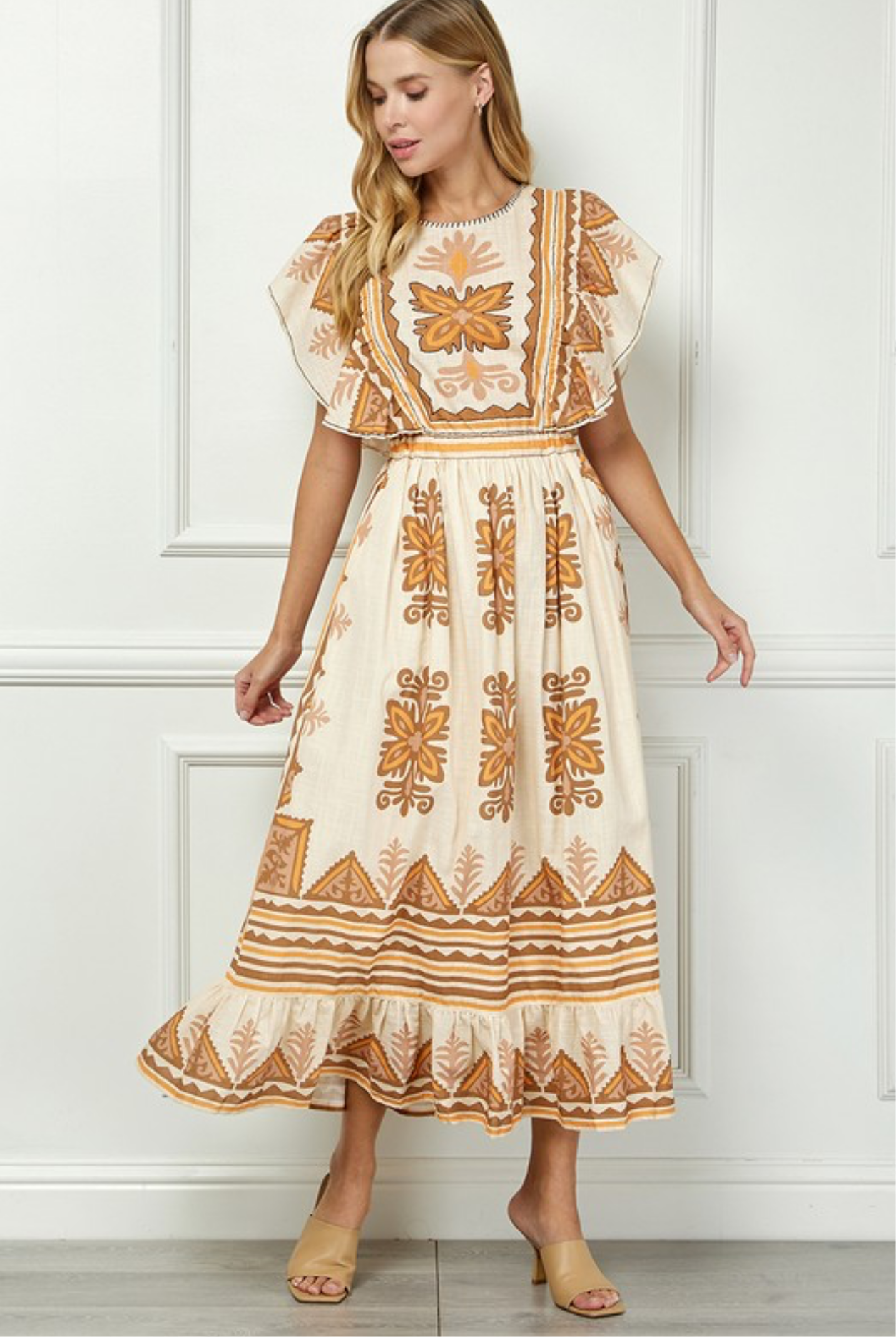 Georgia Peach FLUTTER SLEEVE MIDI DRESS