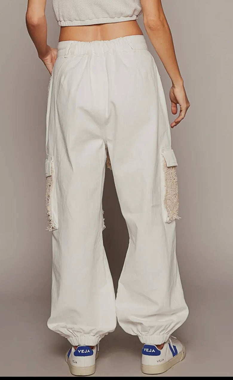 Vintage Wash Crochet Patches Distressed Jogger Pants _Off White