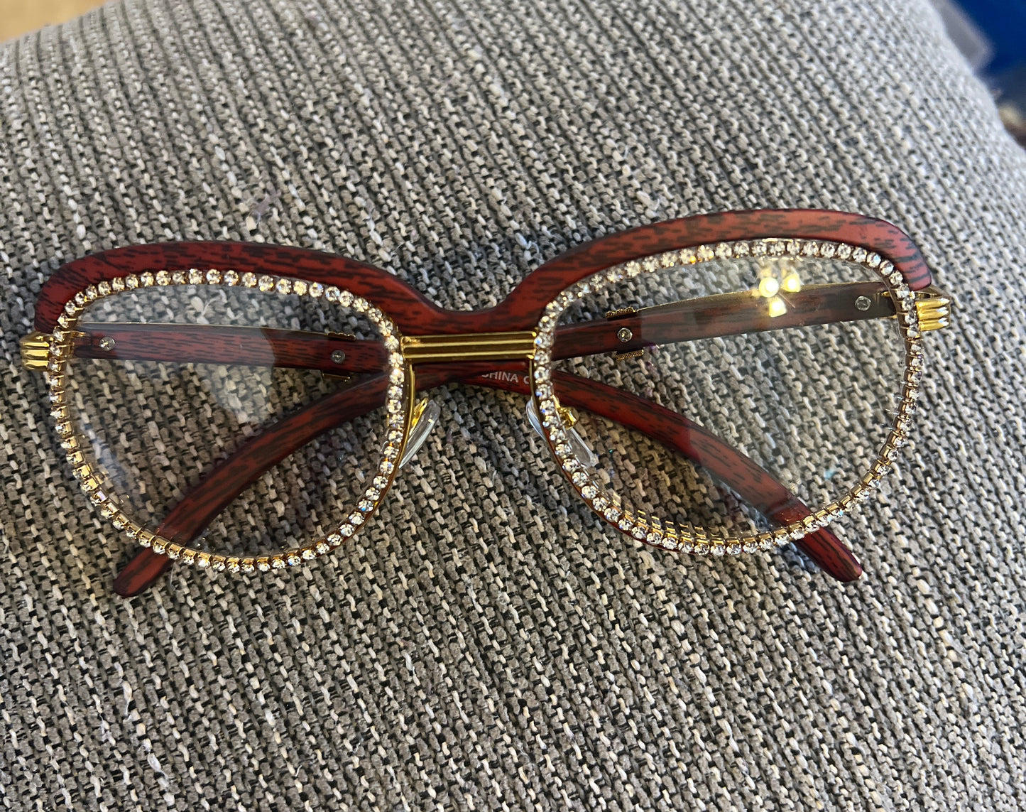 Wood Frame Rhinestone Clear Lens