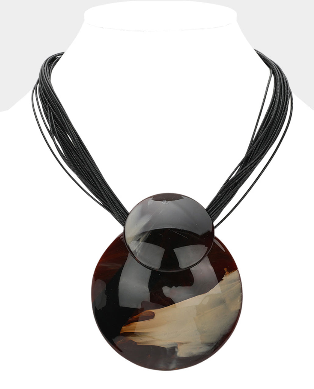 Celluloid Acetate Round Plate Multi Faux Leather Cord Statement Necklace