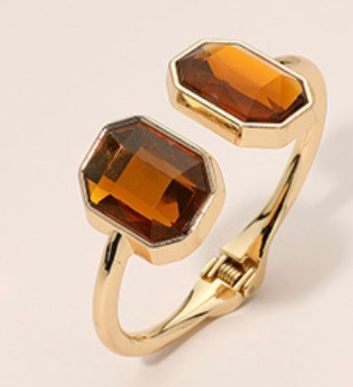 Bold Geometric Gem Tip Hinged Bangle Cuff Bracelet