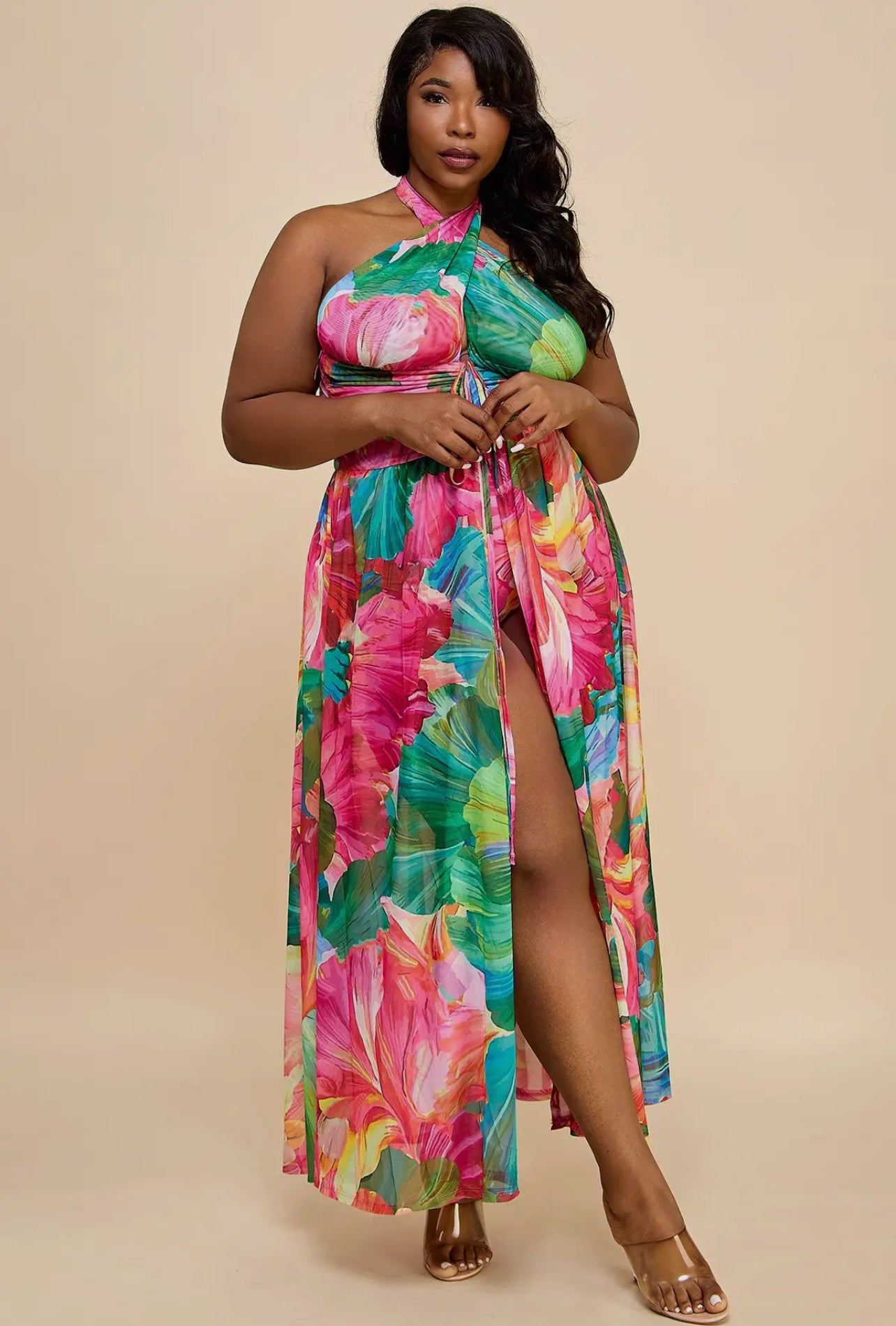 kIWI HALTER NECK SLEEVELESS LACE UP FRONT SLIT DRESS