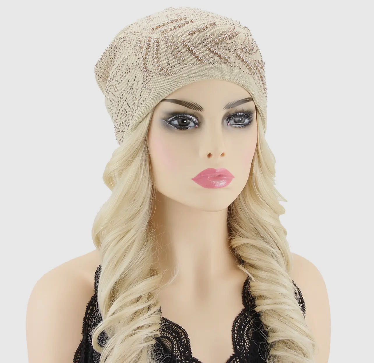 Rhinestone Encrusted Peacock Feather Beanie