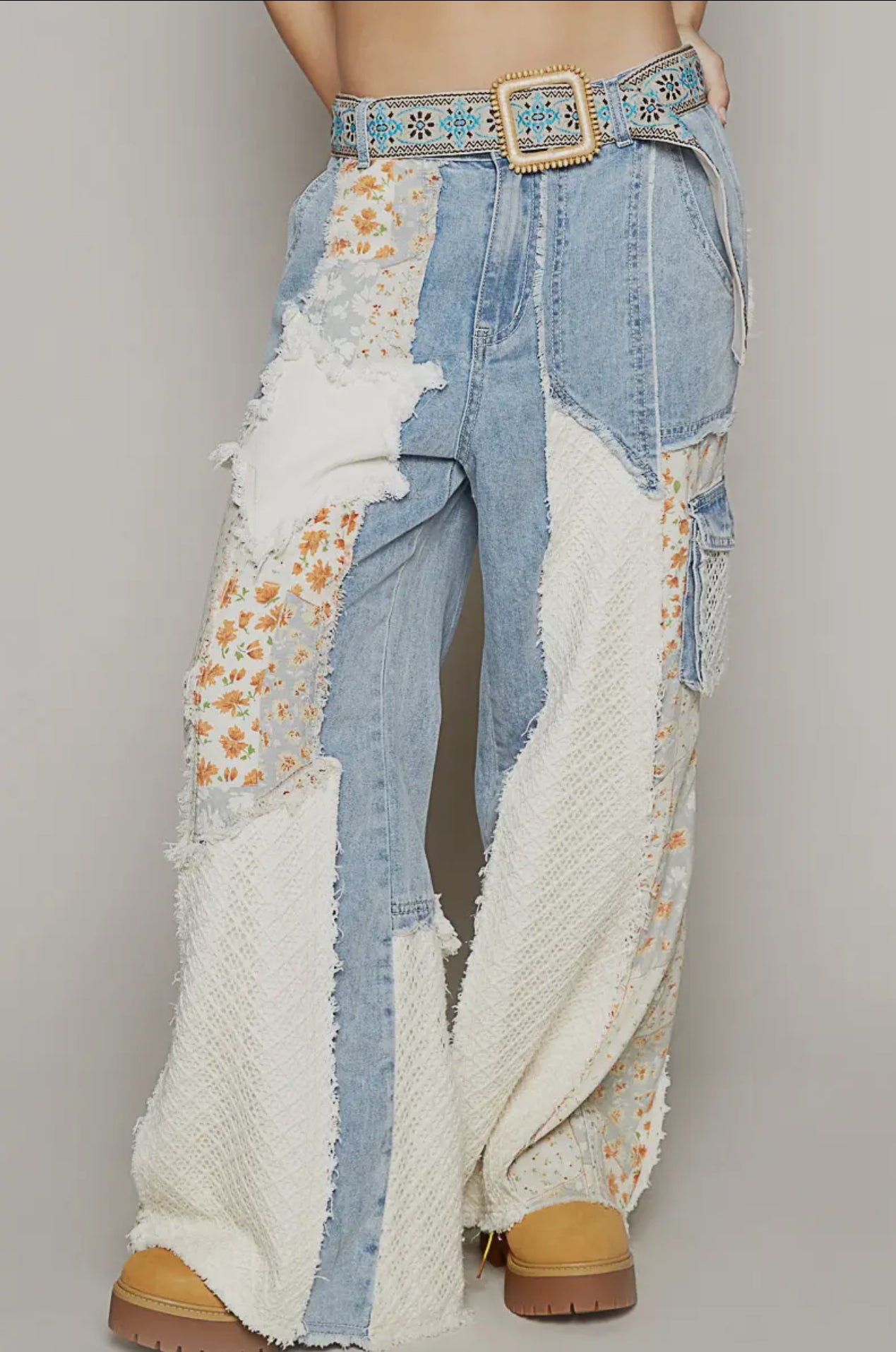 Molly Medium Wash Patchwork Wide Leg Cargo Pants