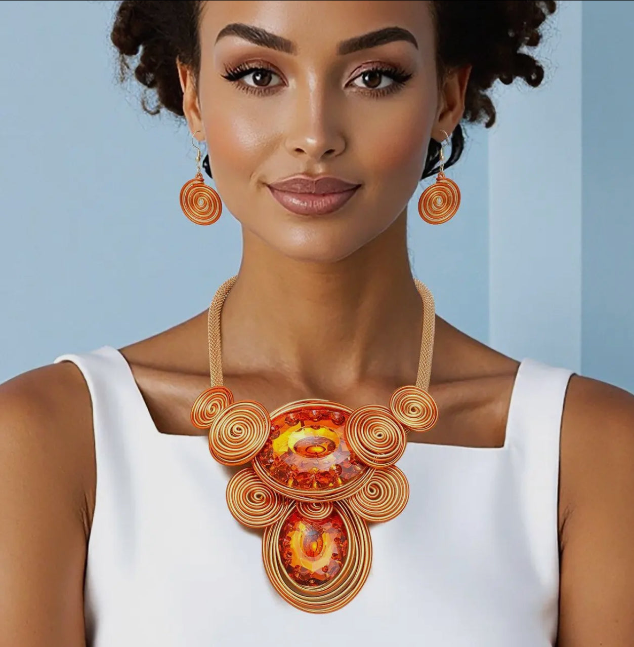 Orange Bold Double Oval Accented Metal Wire Statement Necklace_