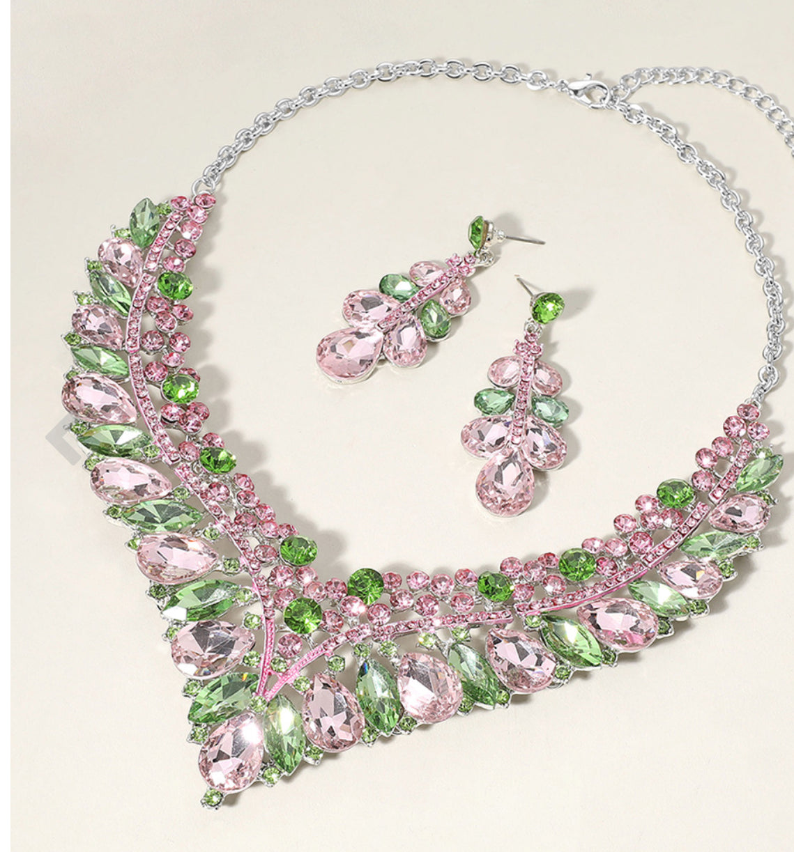 Pink & GreenTeardrop Marquise Round Stone Embellished V Shaped Necklace