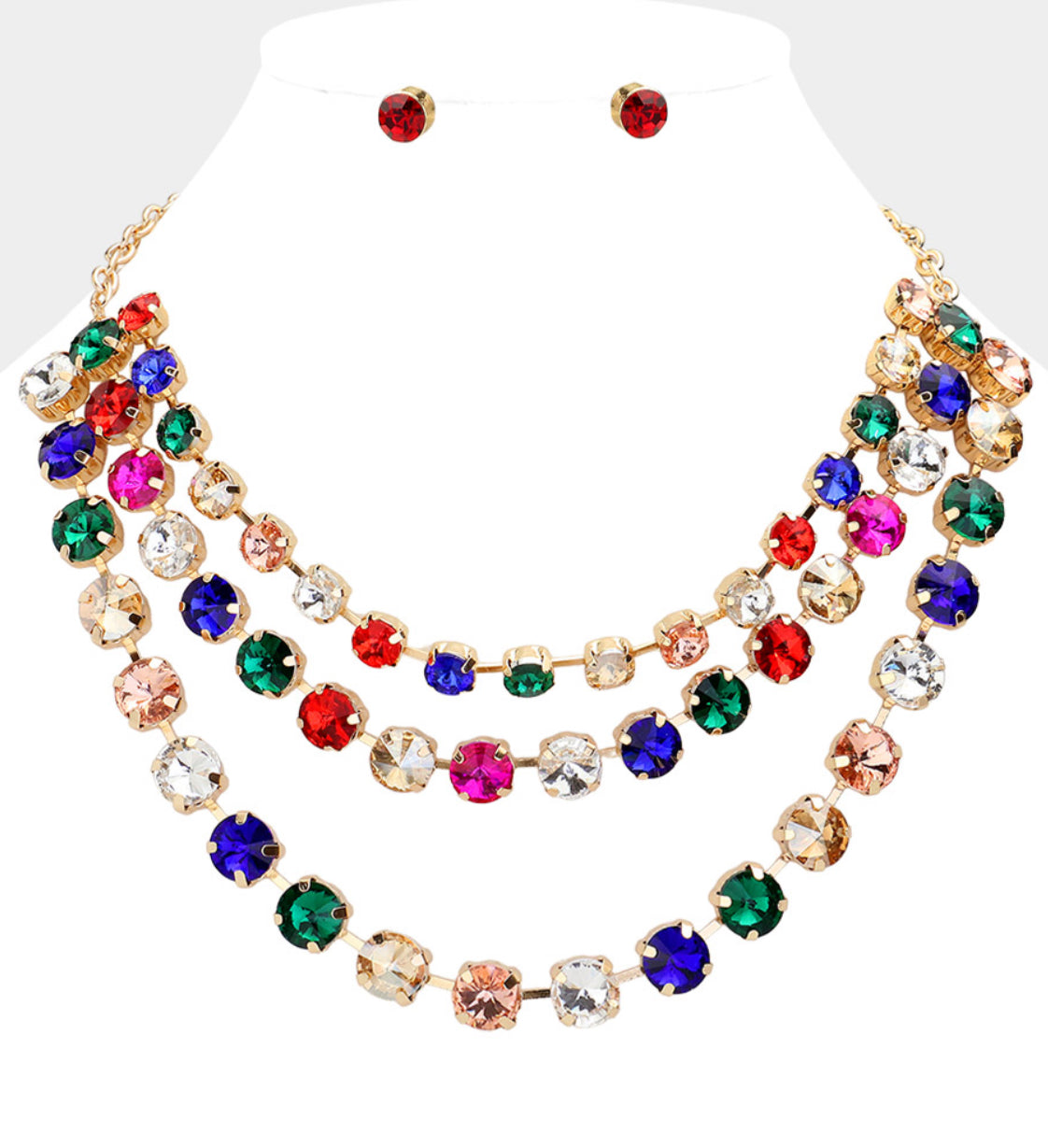Multi Color Round Stone Triple Layered Bib Necklace