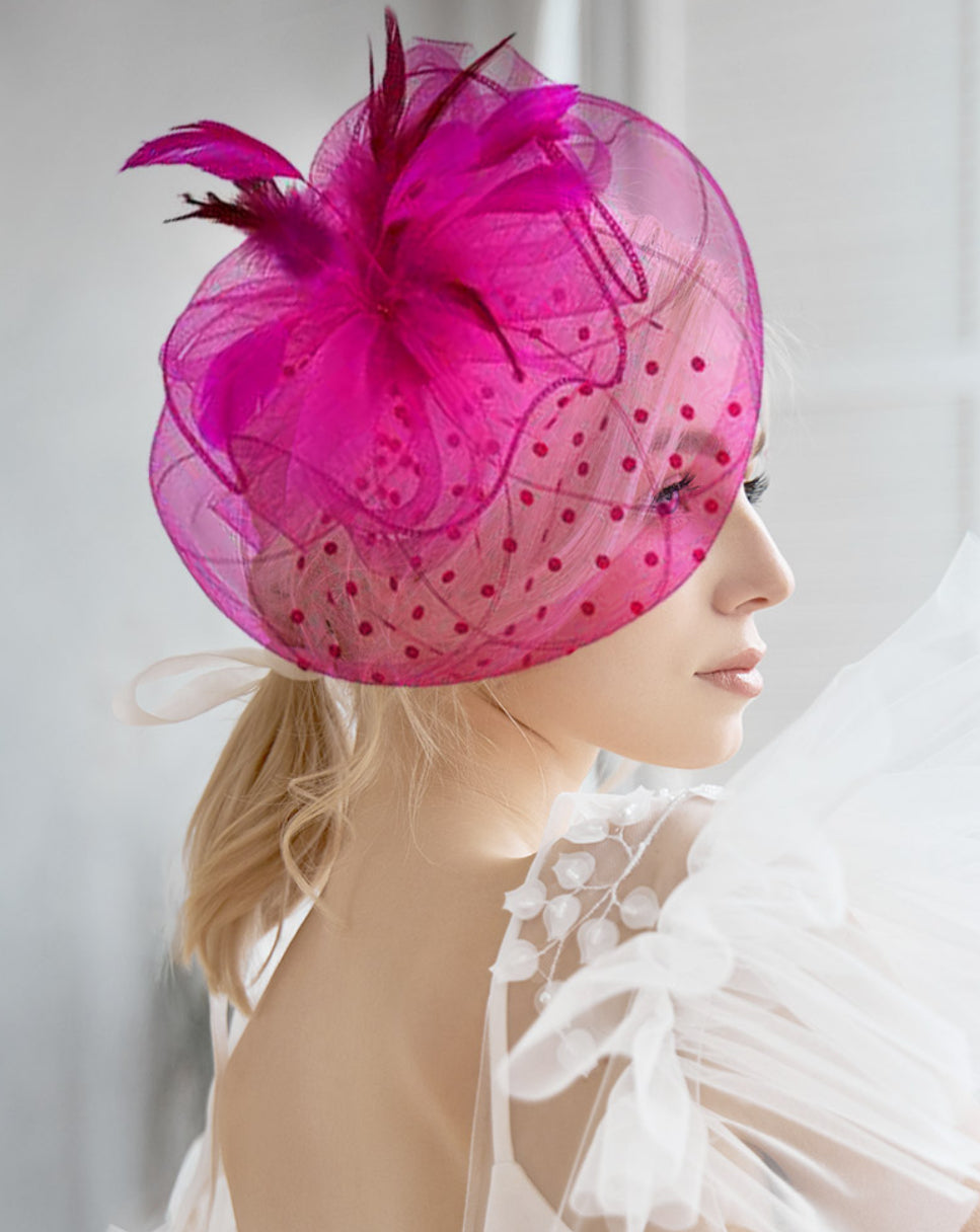 Pink Bow Feather Mesh Flower Fascinator / Headband