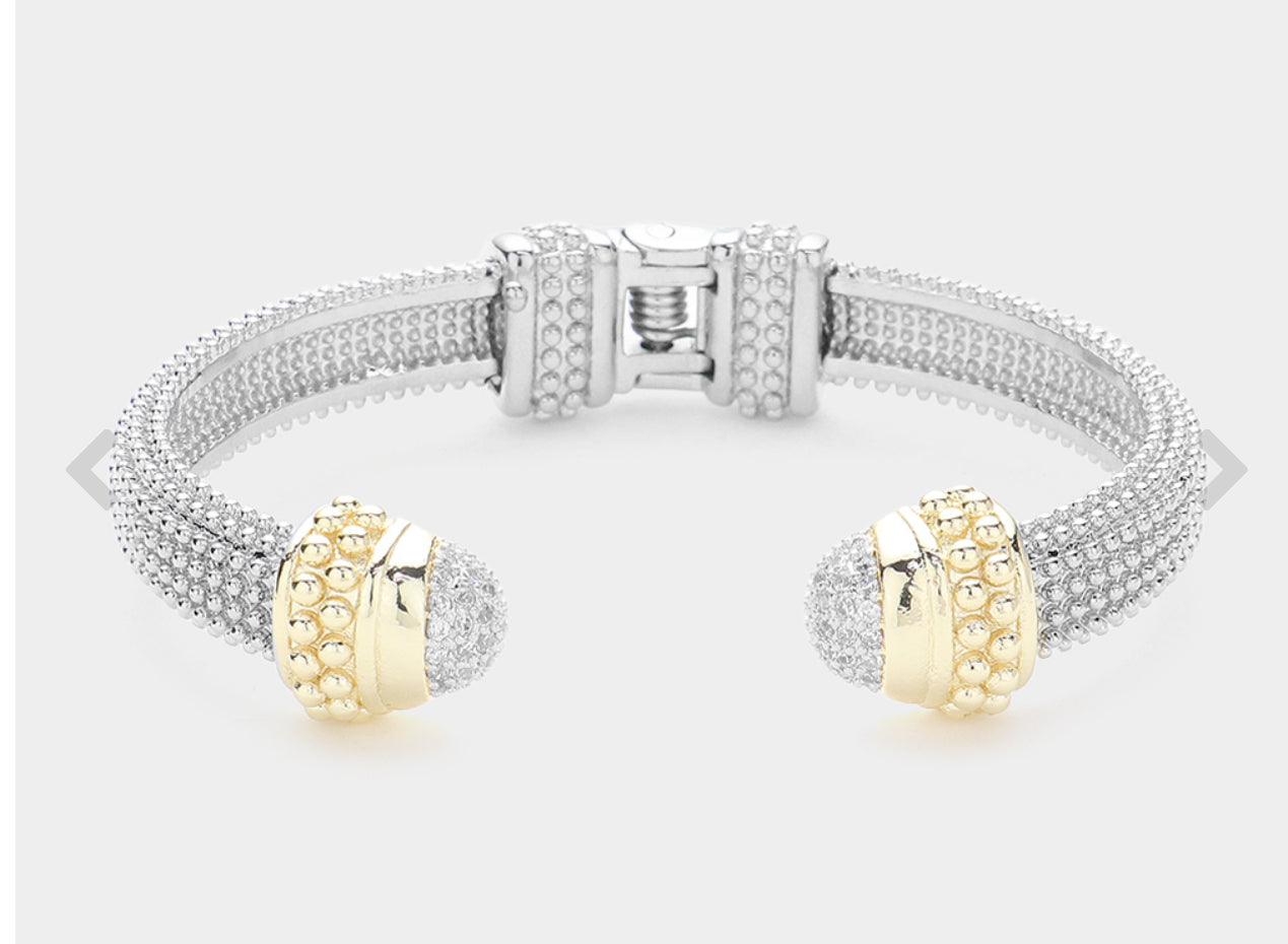 CZ Stone Paved Round Tip Two Tone Metal Hinged Cuff Bracelet