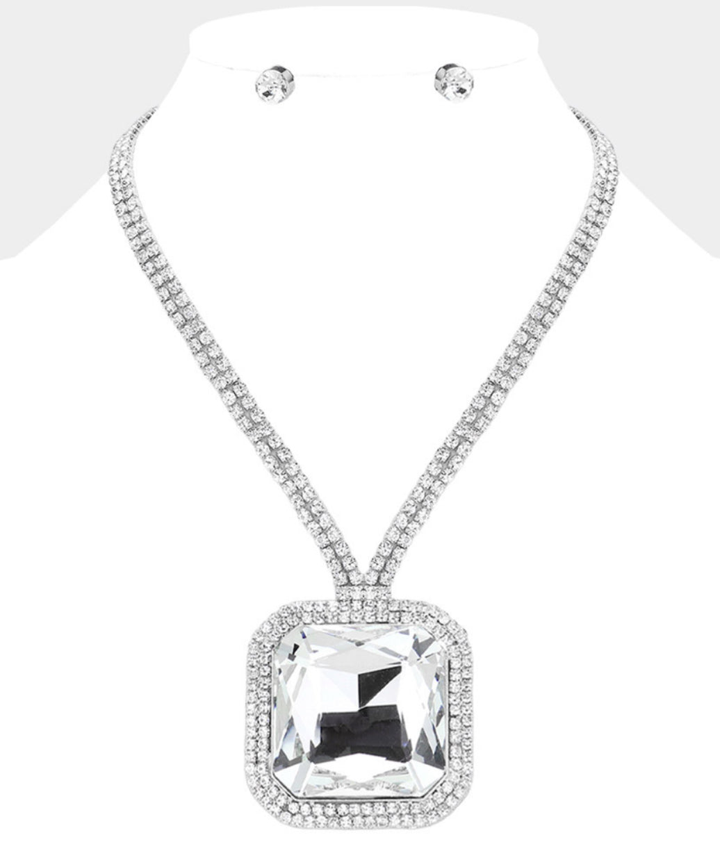Square Glass Stone Rhinestone Paved Necklace