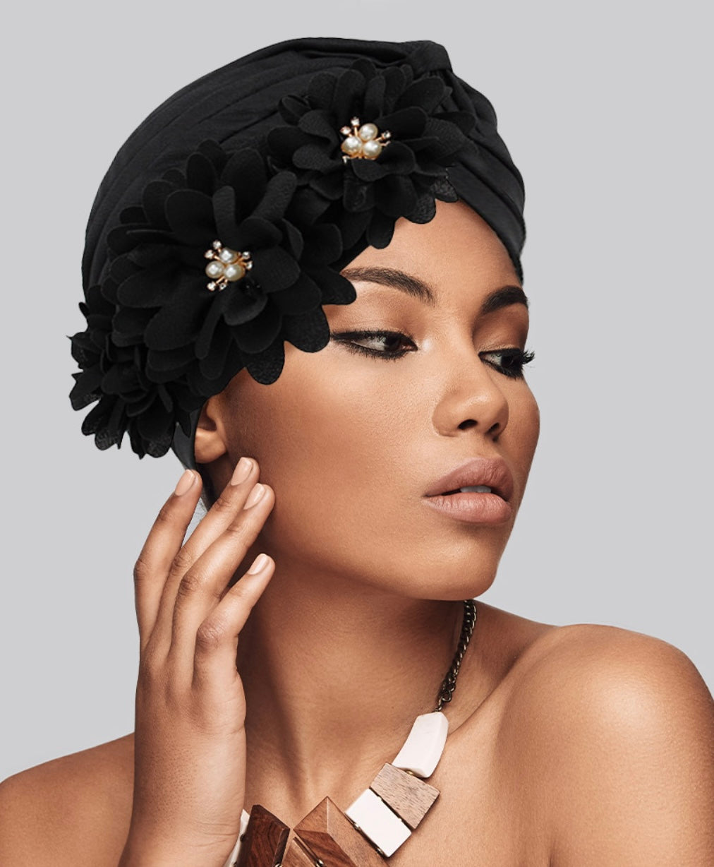 Flower Pearl Accented Turban Hat