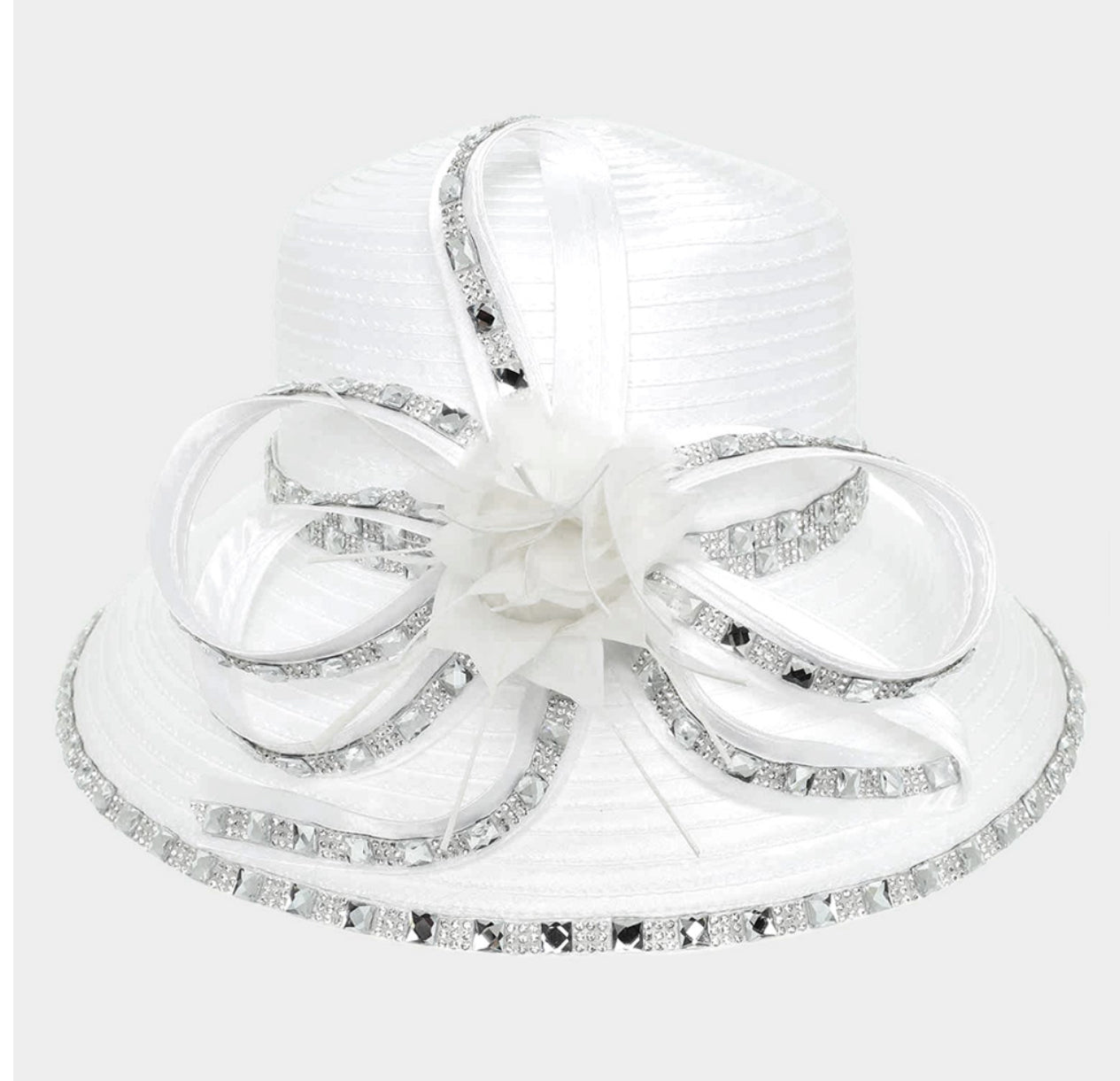 White Rhinestone Rim Embellished Flower Bow Pointed Dressy Hat Style No