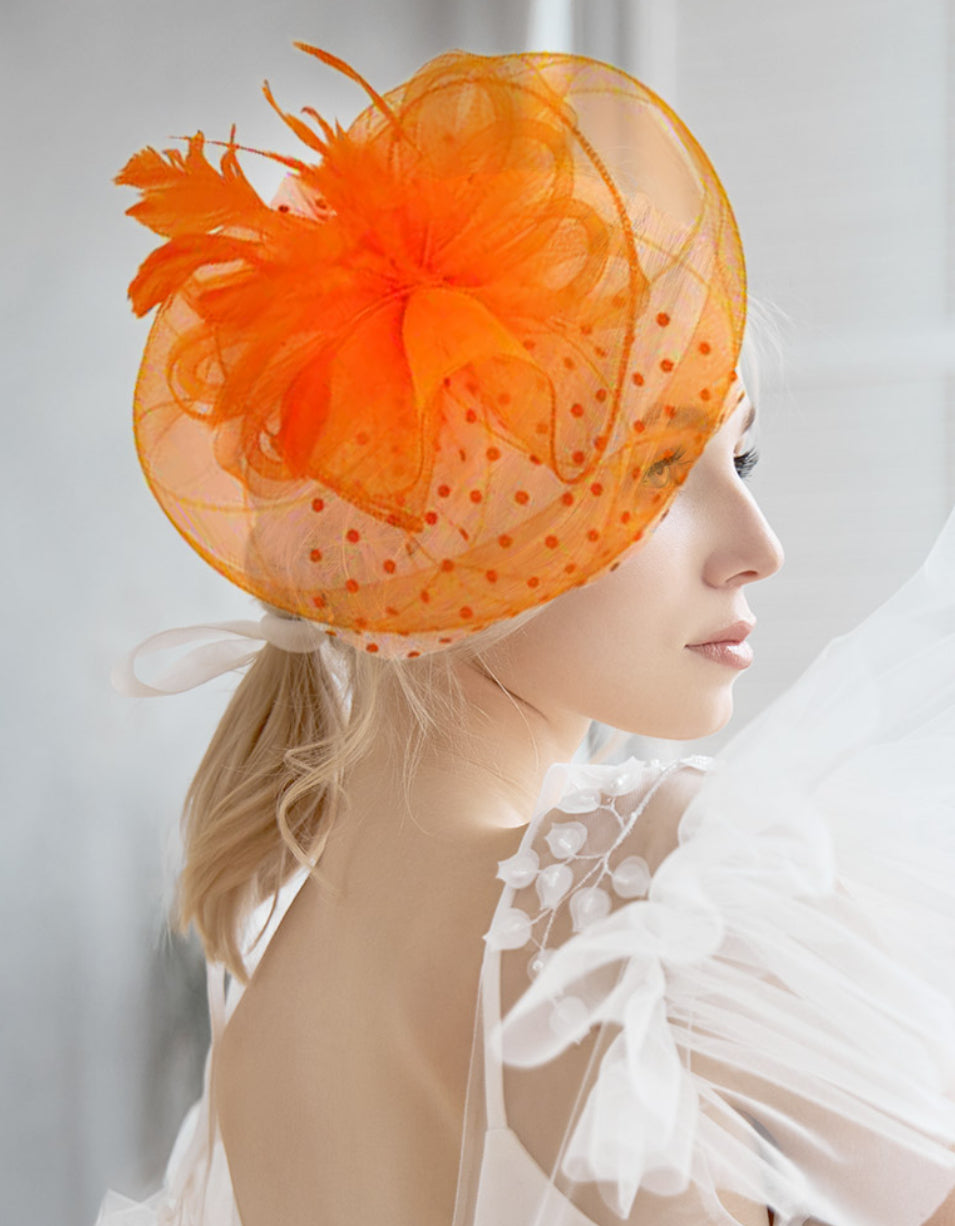 Orange Bow Feather Mesh Flower Fascinator / Headband