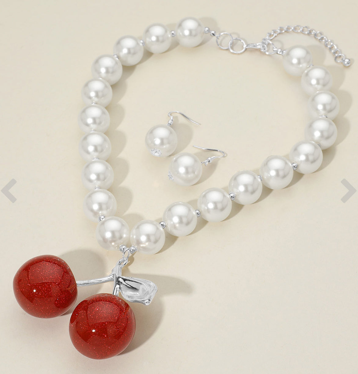 Chunky Cherry Charm Pendant Accent Pearl Beaded Statement Necklace