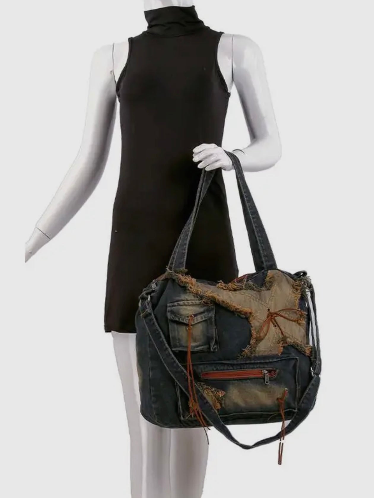 Vintage Distressed Design Denim Shoulder Bag in