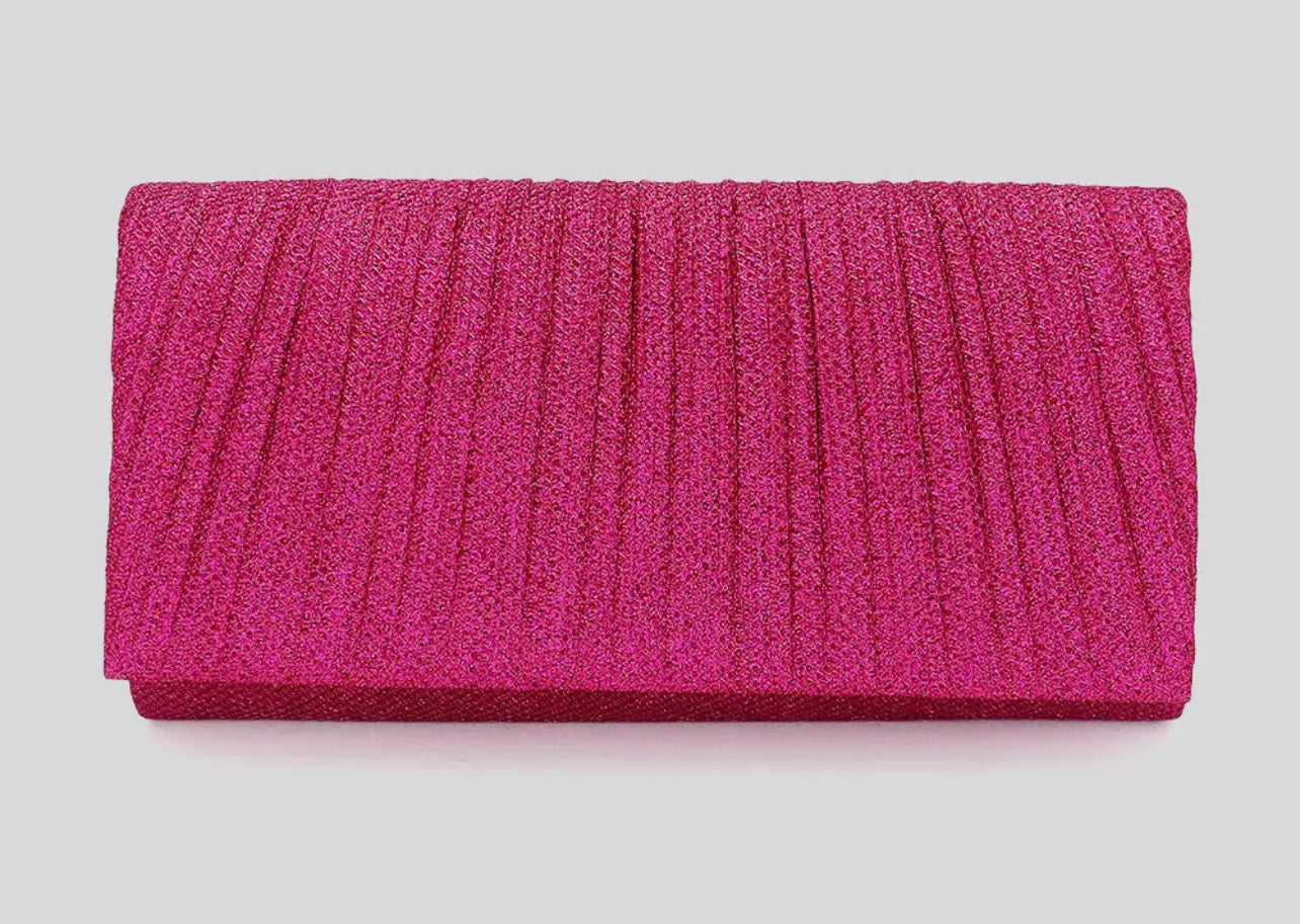 Fuchsia Pleated Shimmery Evening Clutch / Crossbody Bag