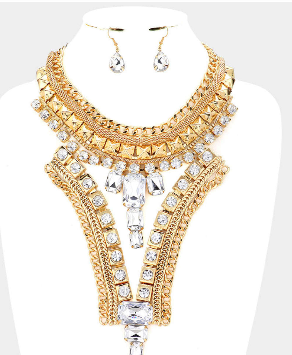 Gold Rectangle Stone Accented Statement Necklace Set