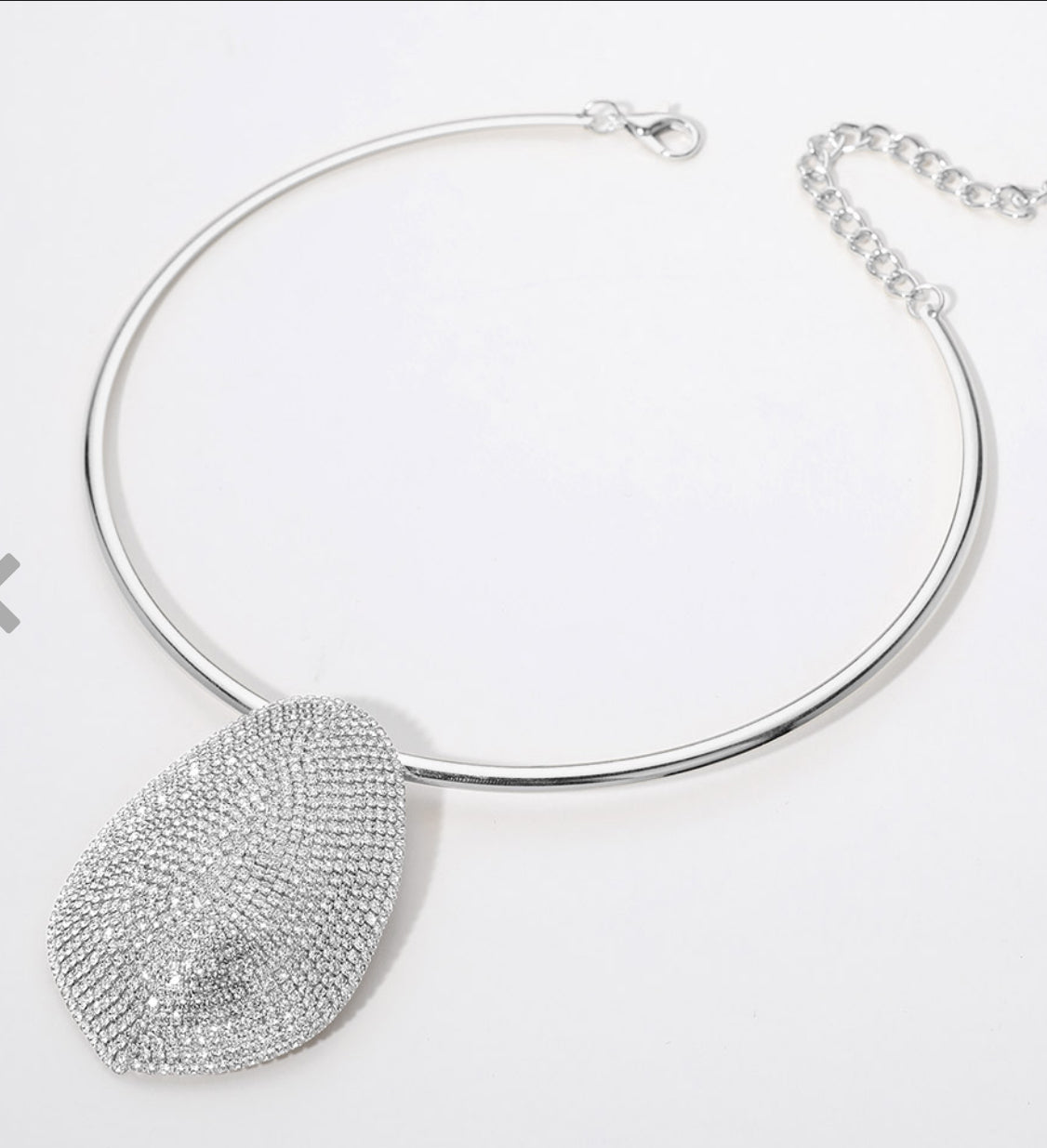 Silver Rhinestone Paved Oval Pendant Statement Necklace