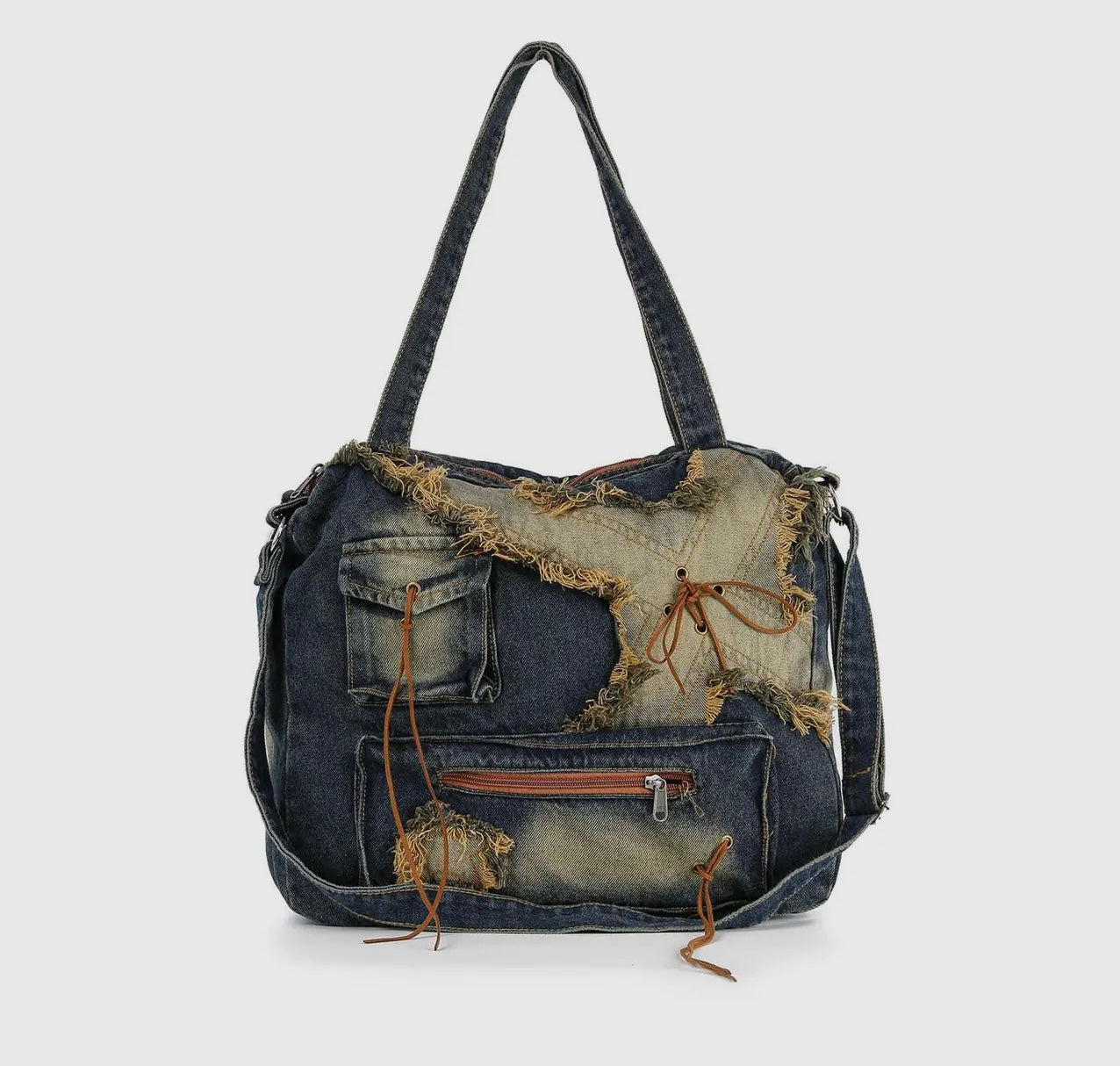 Vintage Distressed Design Denim Shoulder Bag in