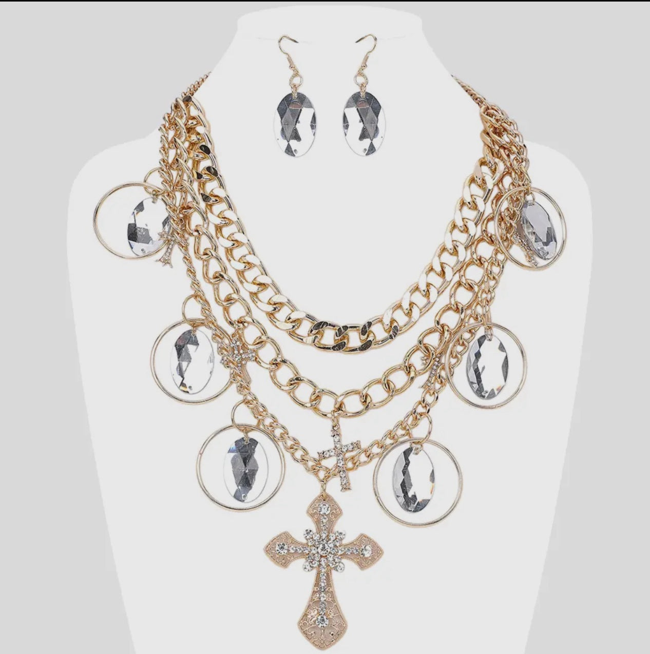 Heavenly Gold and Crystal Cross Pendant Necklace