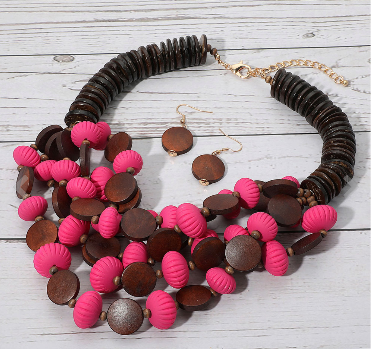 Bold Tribal Wooden Beaded Layered Statement Necklace