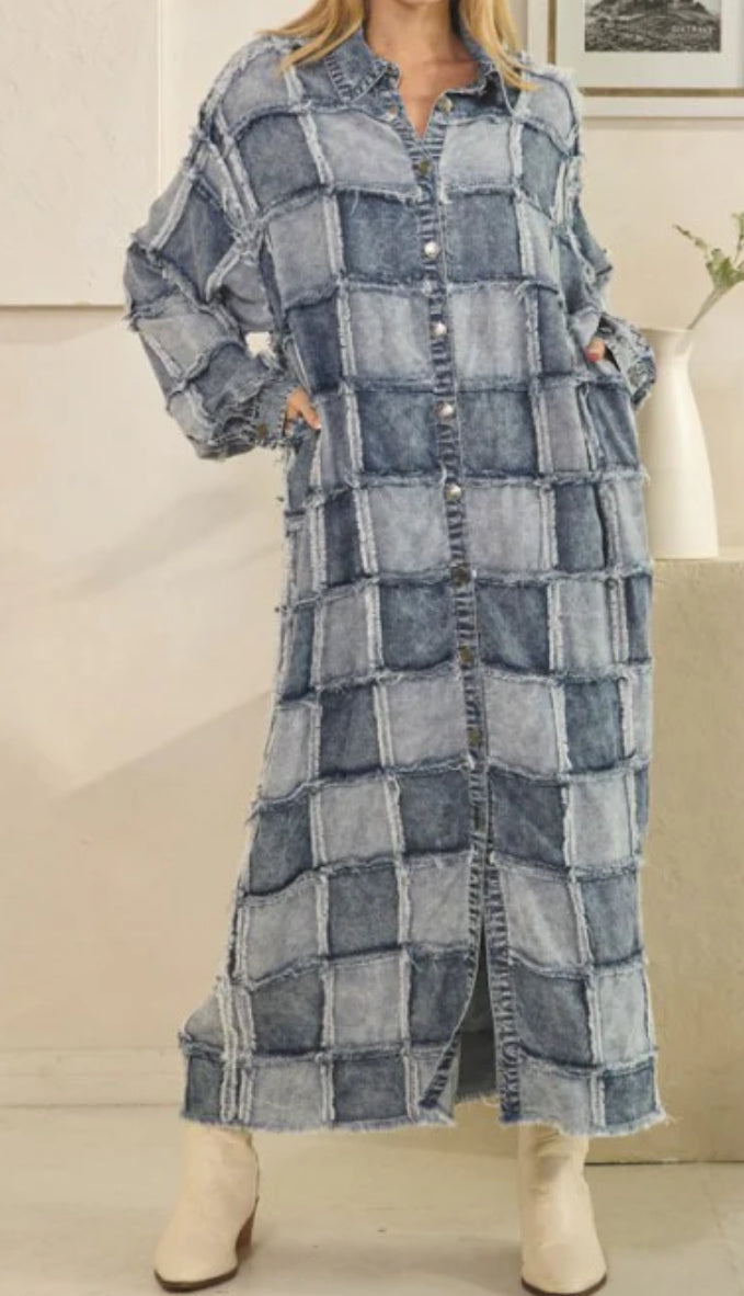 Colorblock Denim Patchwork Raw Edge Plaid Overcoat-Blue