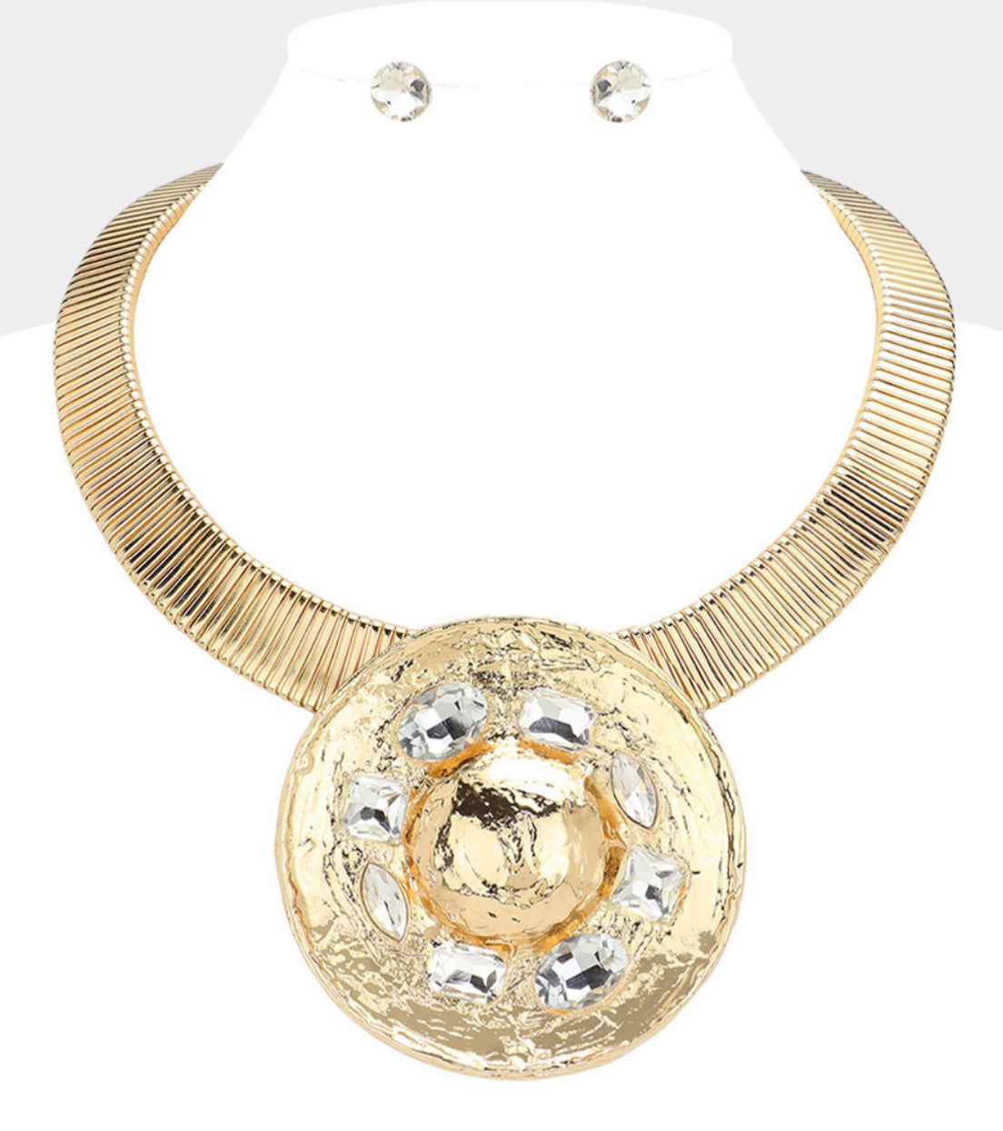 Rhinestone Hammered Metal Circle Statement Necklace