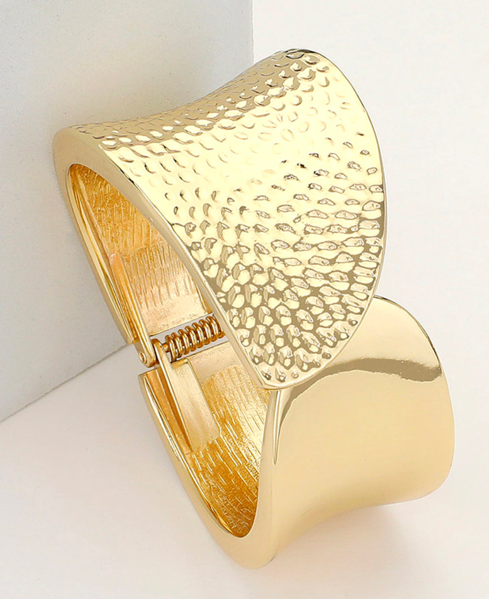 Gold Textured Metal Hinged Bangle Bracelet