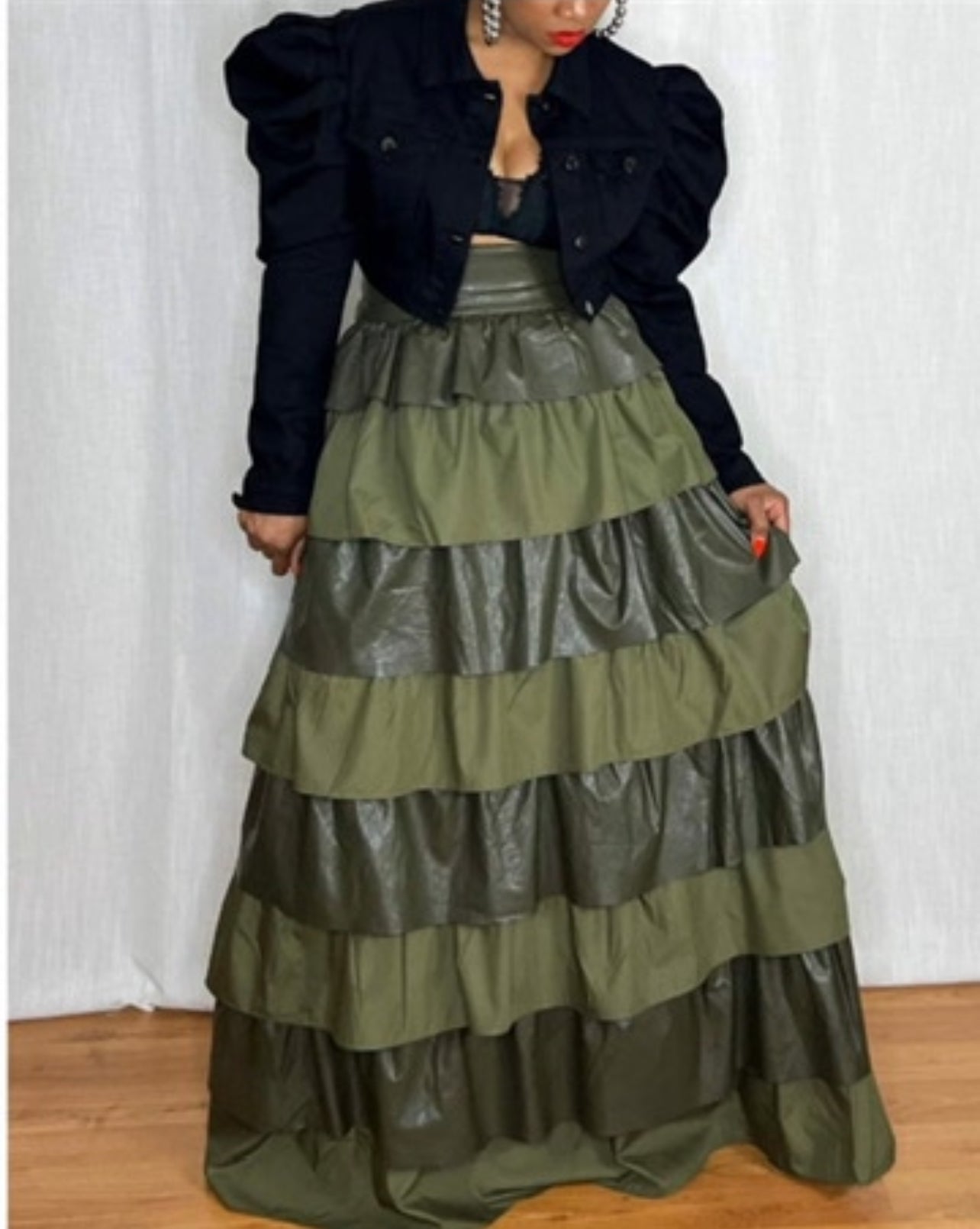 Olive Faux Leather Layered Maxi Skirt With Ruffles
