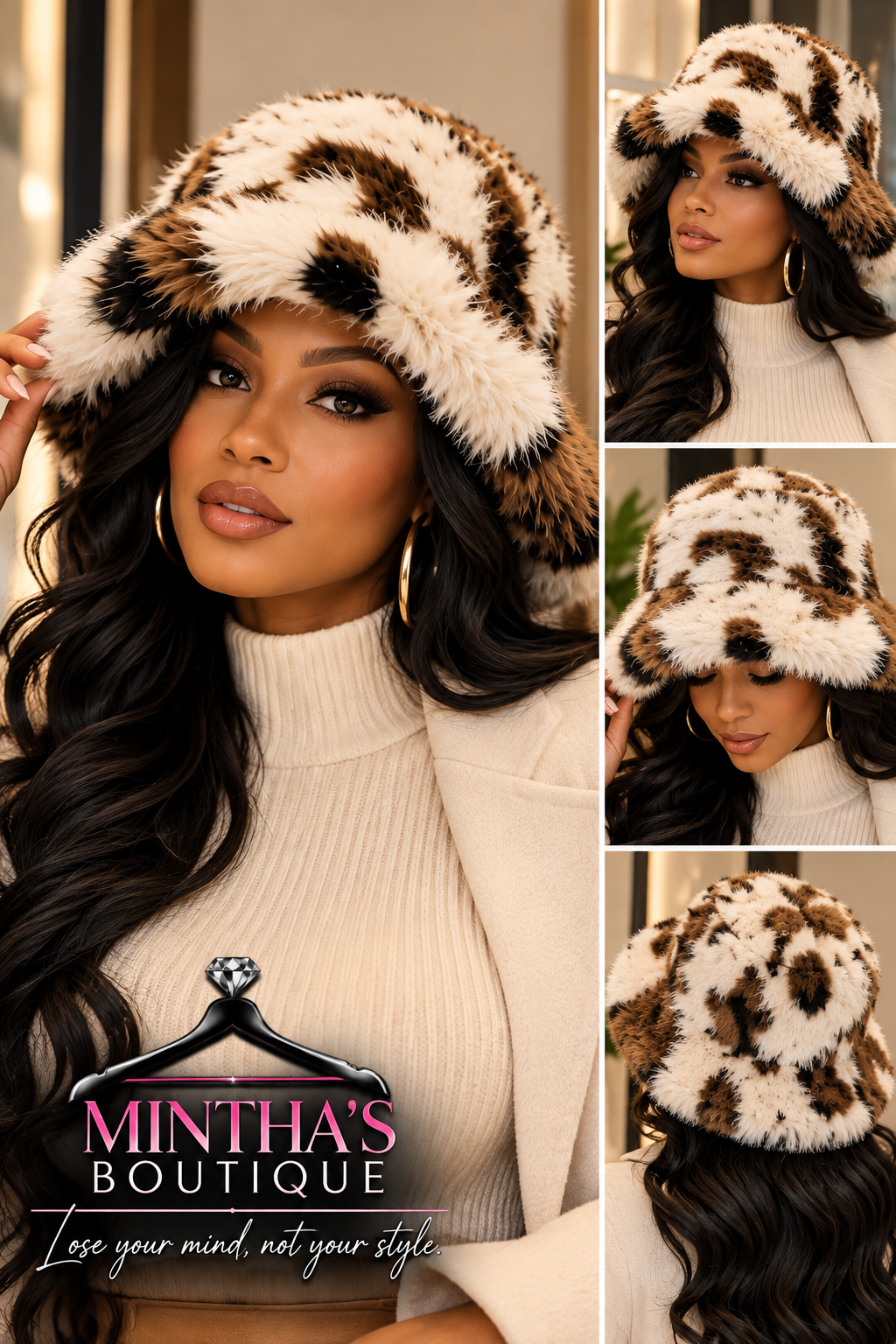 Animal Print Oversized Plush Faux Fur Winter Bucket Hat